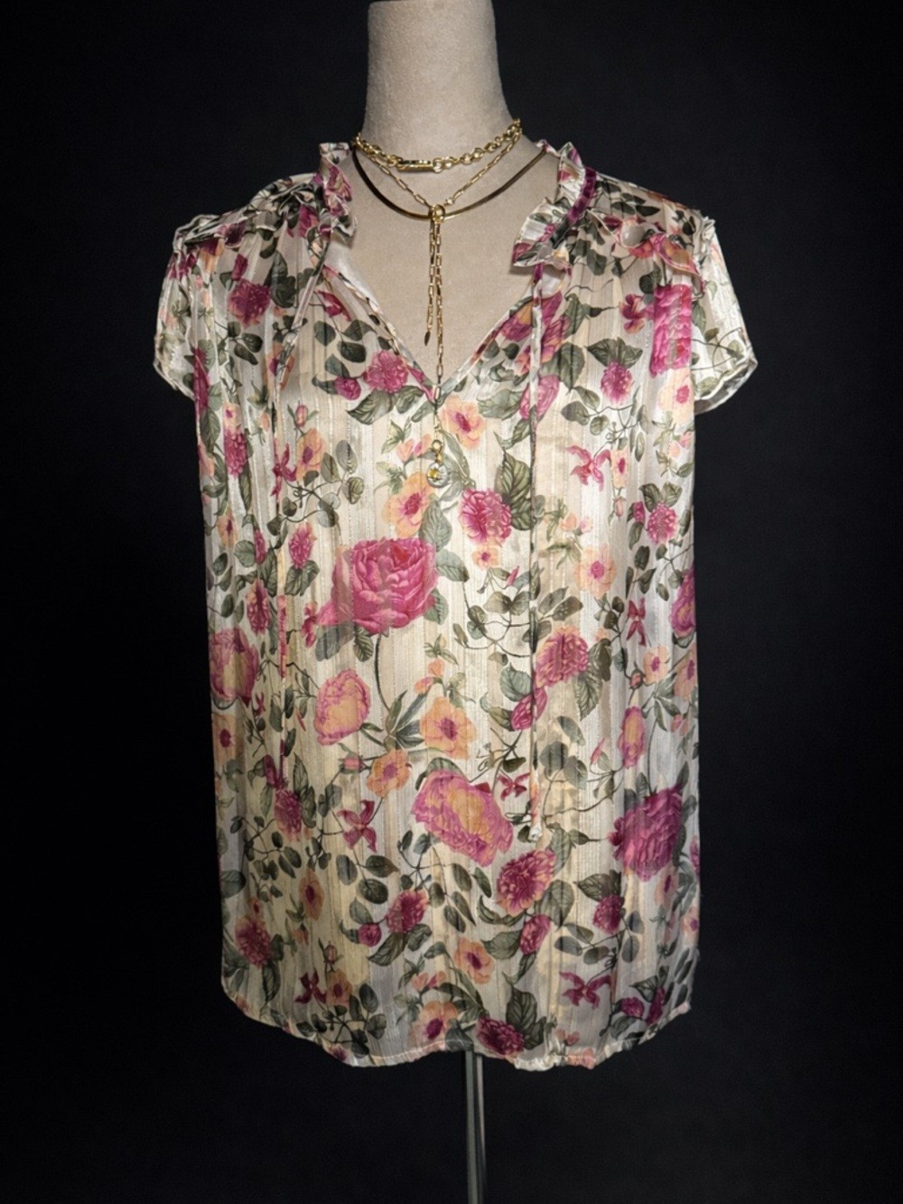 Romantic Floral Lurex Blouse Ruffle Sleeve Detail