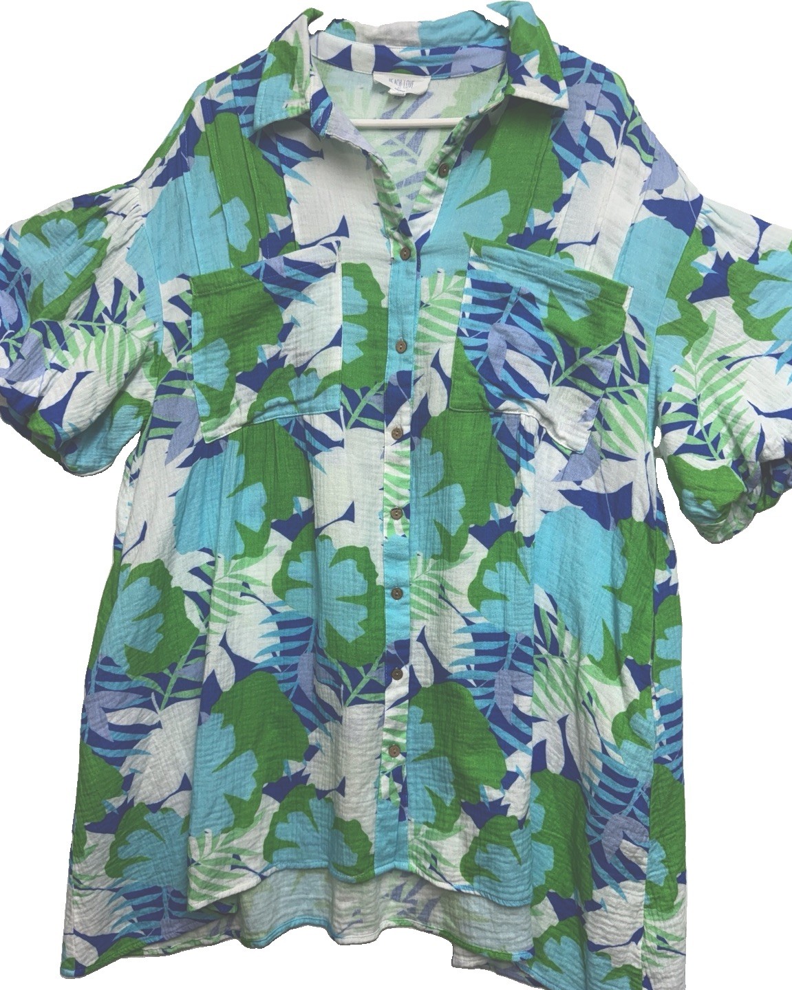 ~Size M~ PEACH LOVE CALIFORNIA Teal/Blue FLORAL Woven Button Up A-LINE Tunic Top