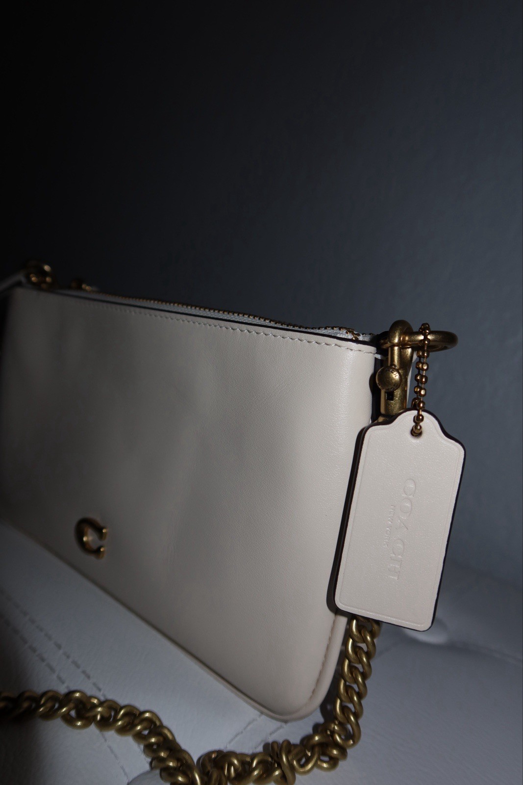 Coach Beige Small Shoulder Bag Double Zip with Gold Chain Strap & Dust Bag