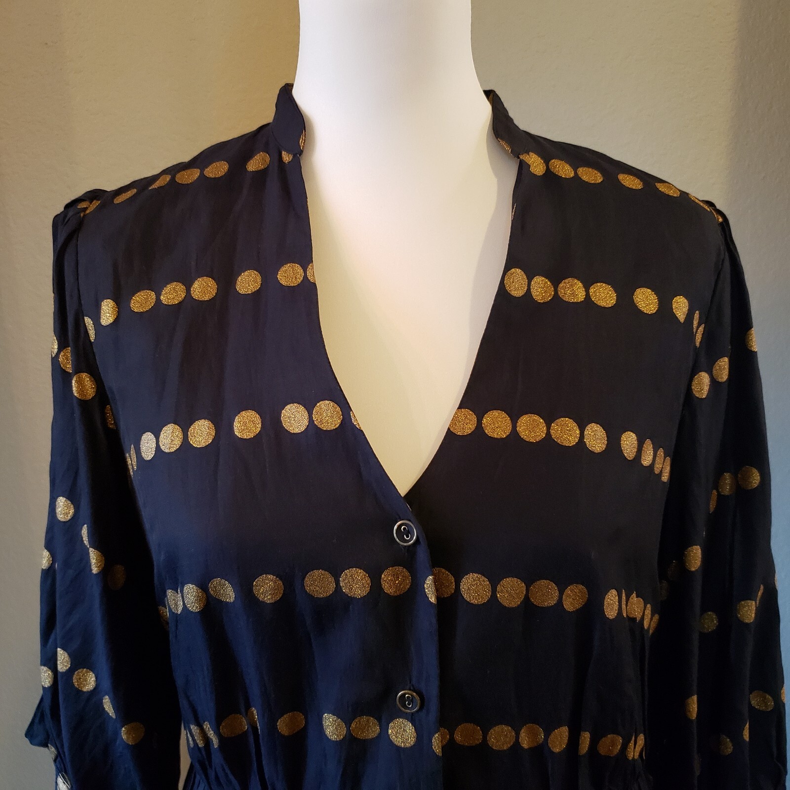 Anthropologie Postmark Dress Womens 6 Navy Gold Dots Slit Sleeves Silk Blend EUC