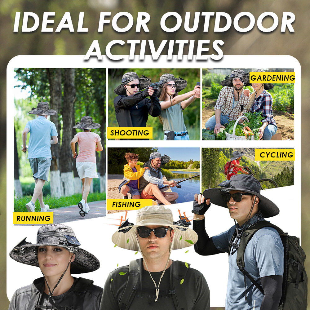 Outdoor Wide Brim Sun Bucket Hat with 2 Solar Fan UV Protection for Men Women