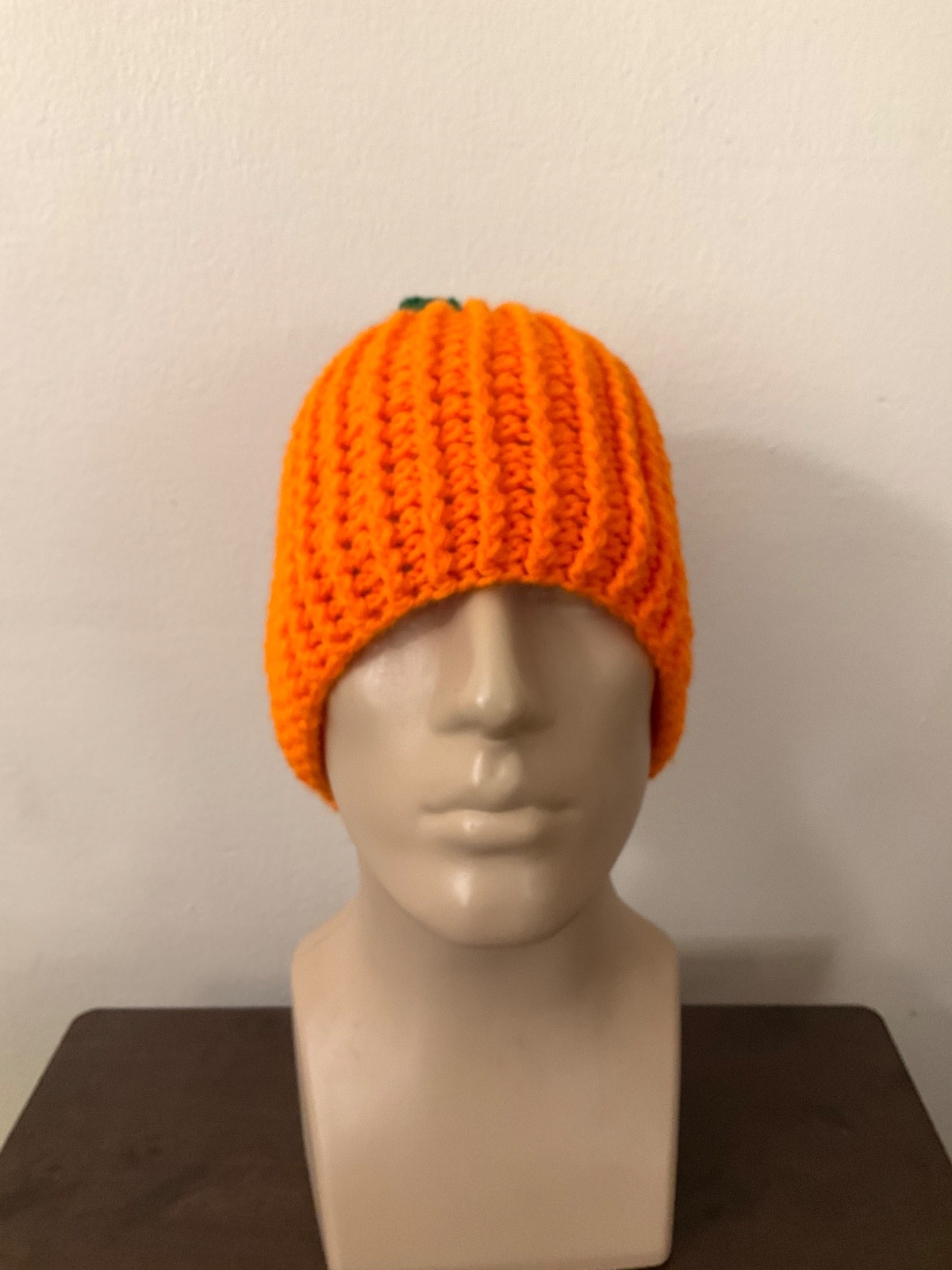 Adult Crochet Pumpkin Beanie Handmade Orange Green Stem Fall Knit Yarn Hat