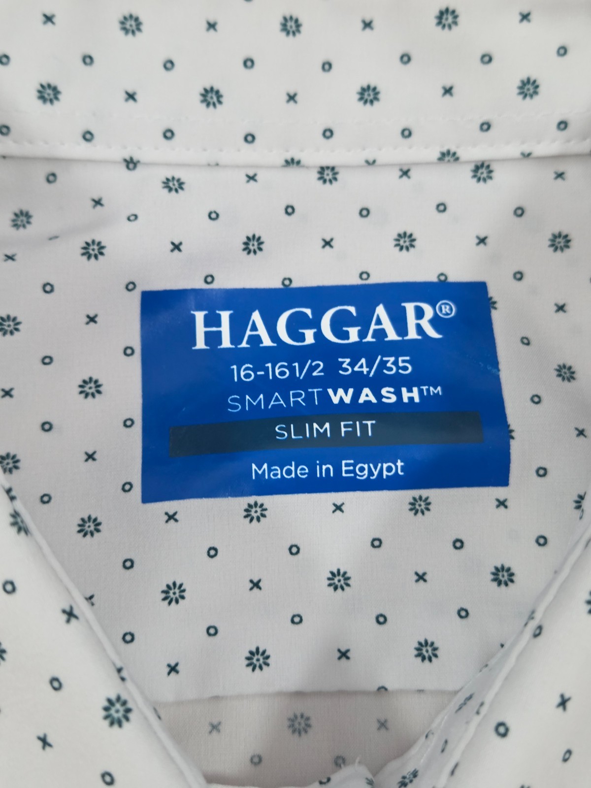 Haggar Smart Wash Slim Fit Shirt Men’s 16-16 1/2 34/35 White Dark Green Print