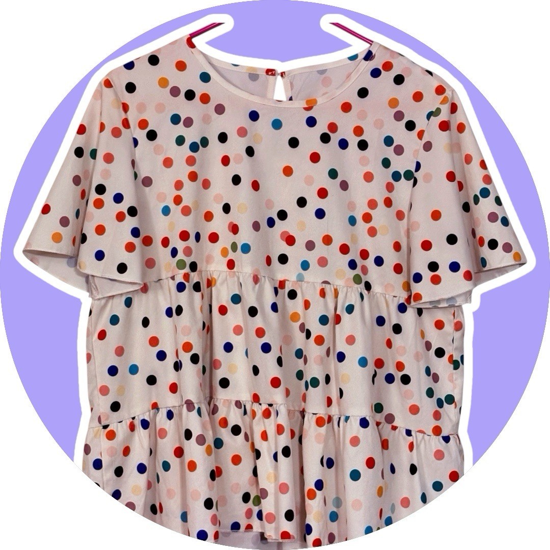 SheIn White Multicolor Polka Dot Round Neck Ruffle Flutter Sleeve Blouse L