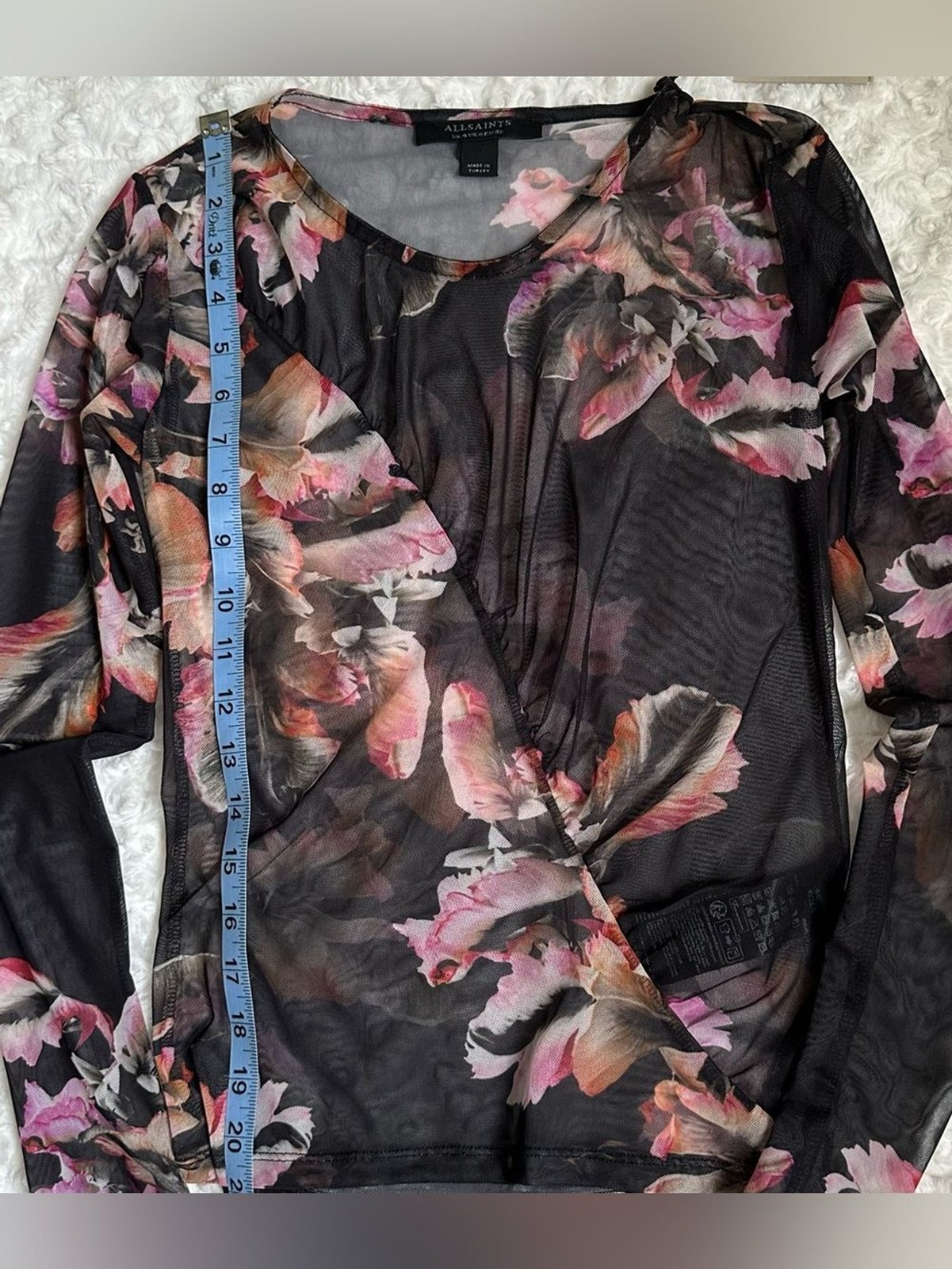AllSaints Floral Mesh Ruched Top NWT XS Sheer Long Sleeve