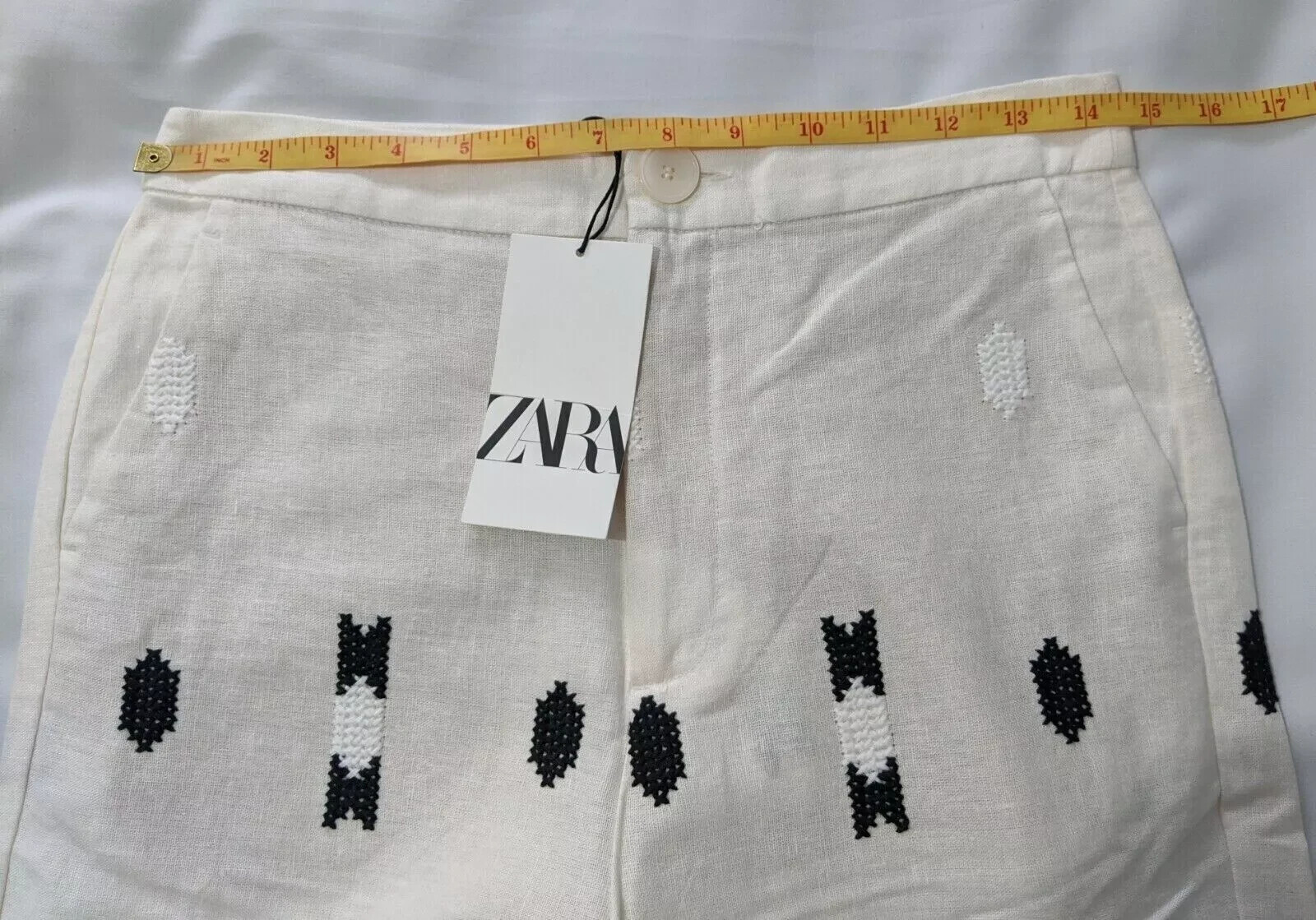 Zara White and Green Linen Blend Embroidered Trousers Size S RRP £49.99