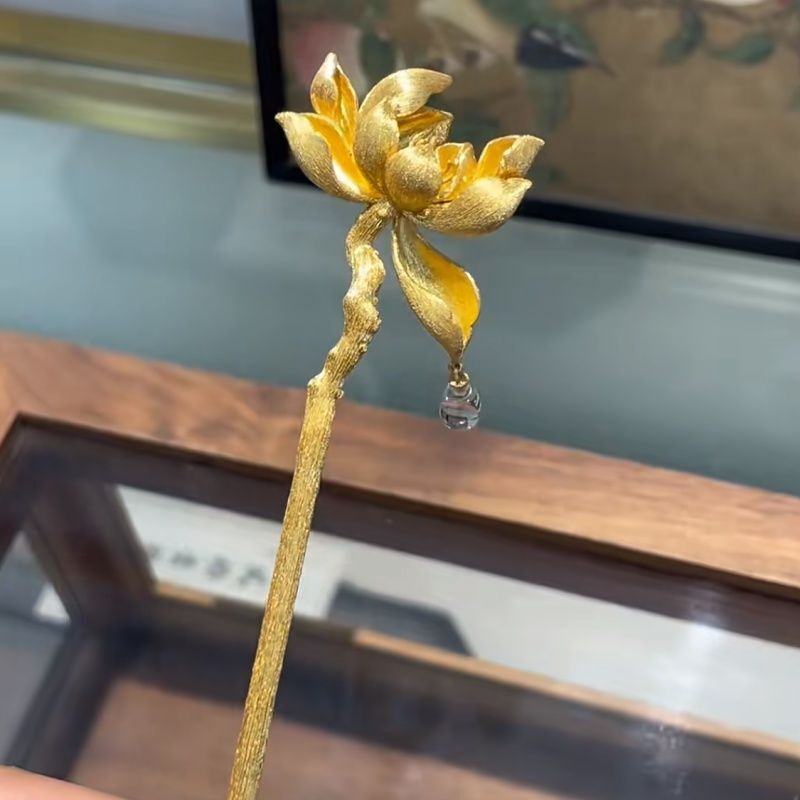 Lotus Hairpin Crystal Drop Chinese Style Gold Hair Stick Hanfu Qipao Accessory