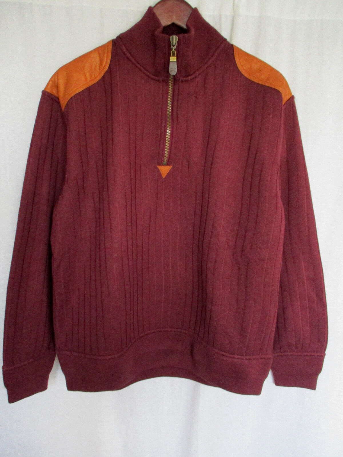 Orvis Sweater 1/4 Zip Large Red Wine Leather Shoulder & Elbow Patches