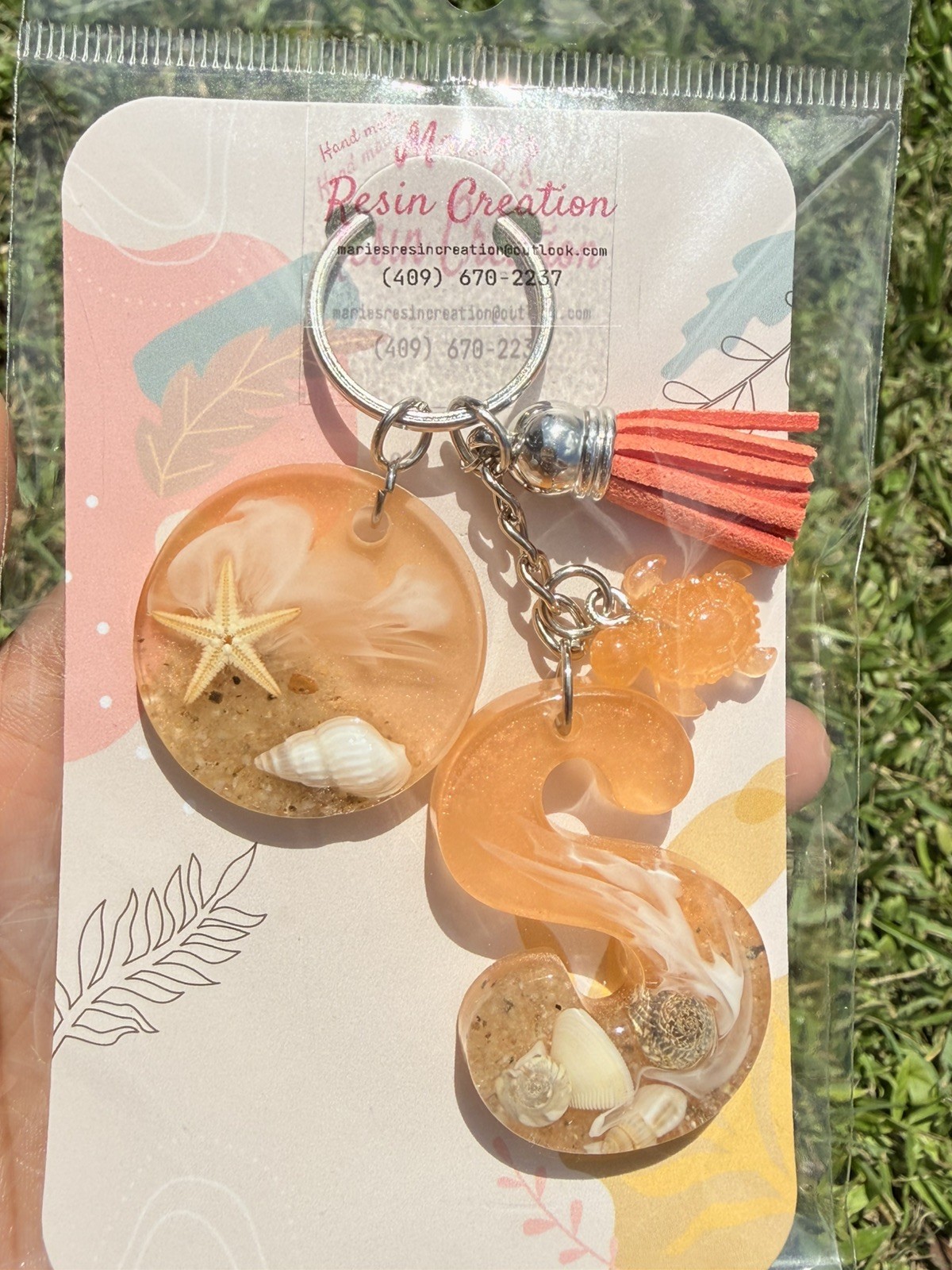 Custom made keychain Beach Theme Sunset Orange Resin Keychain.