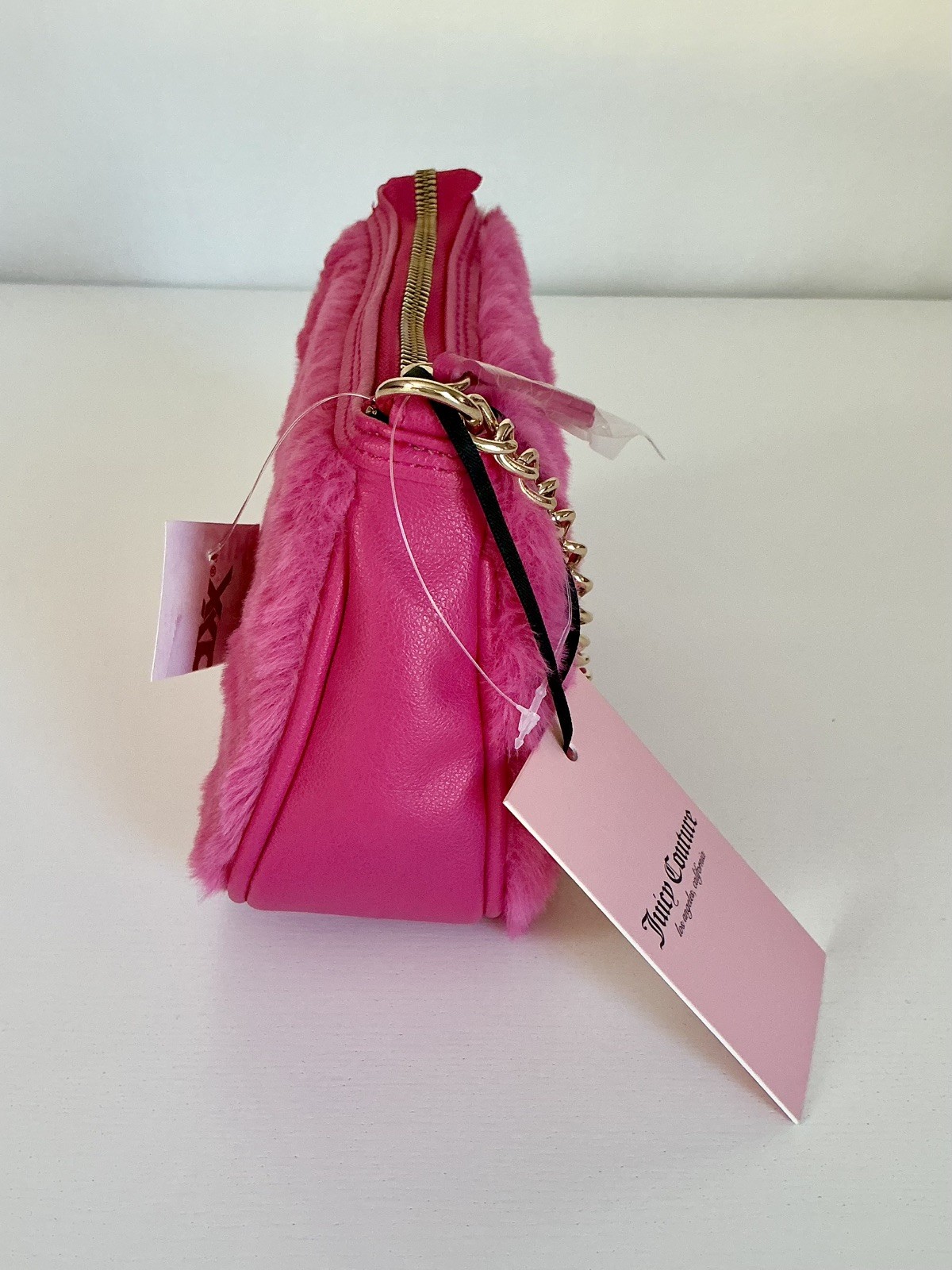 Juicy Couture Hot Pink Flash Faux Fur Get Cozy Mini Wristlet Purse Y2K style NWT