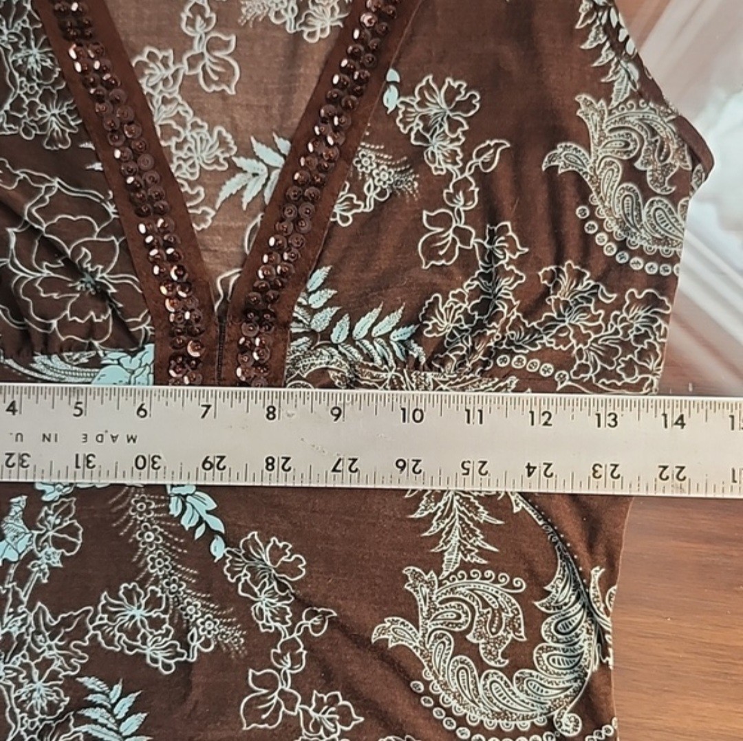 Vtg Rampage Top Juniors M Deep V Neck Brown Print With Sequins At Neck M