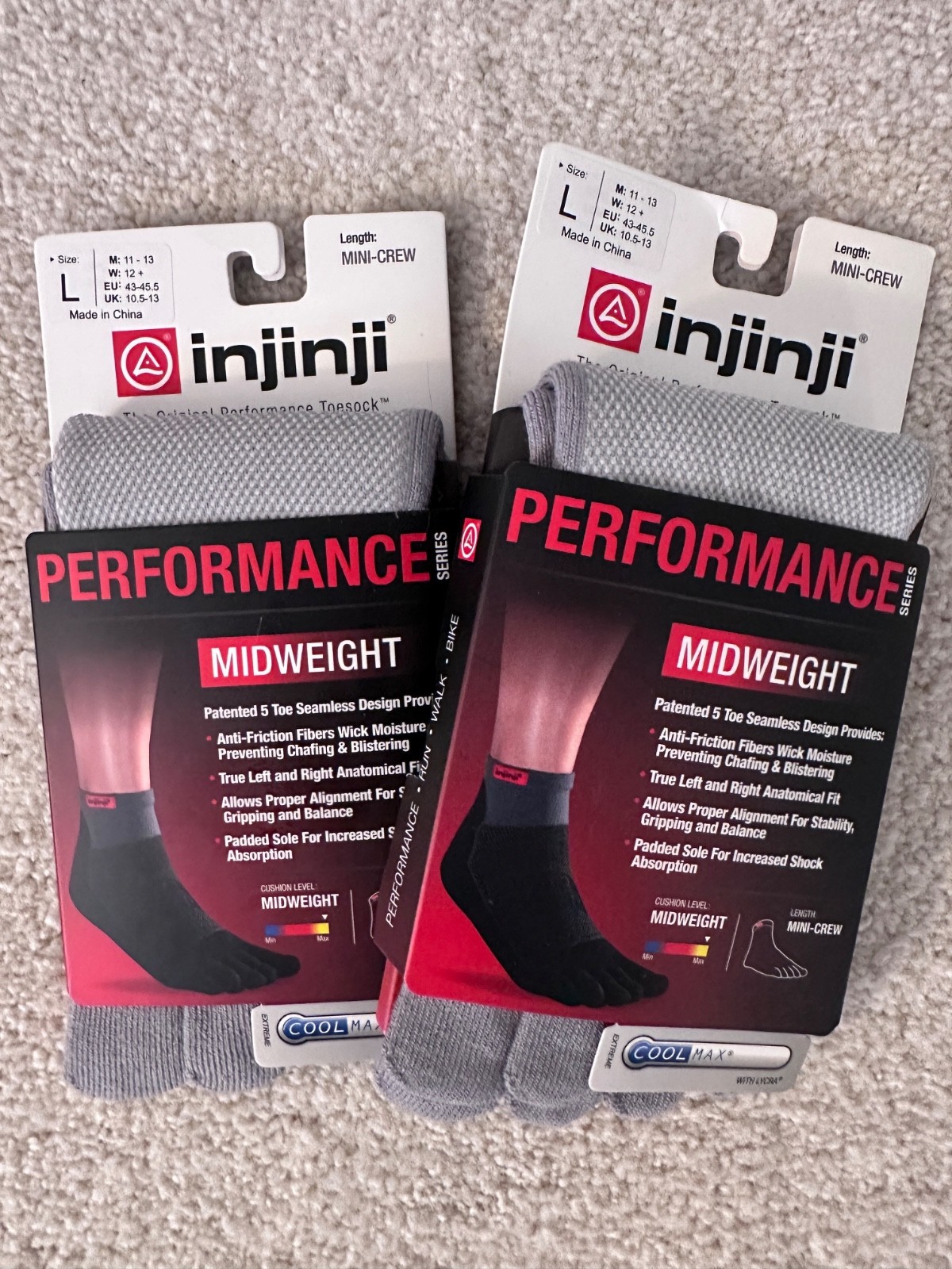 INJINJI Toe Socks Mini-Crew Large (M 11-13) (W 12+) Grey Midweight – 2 pack