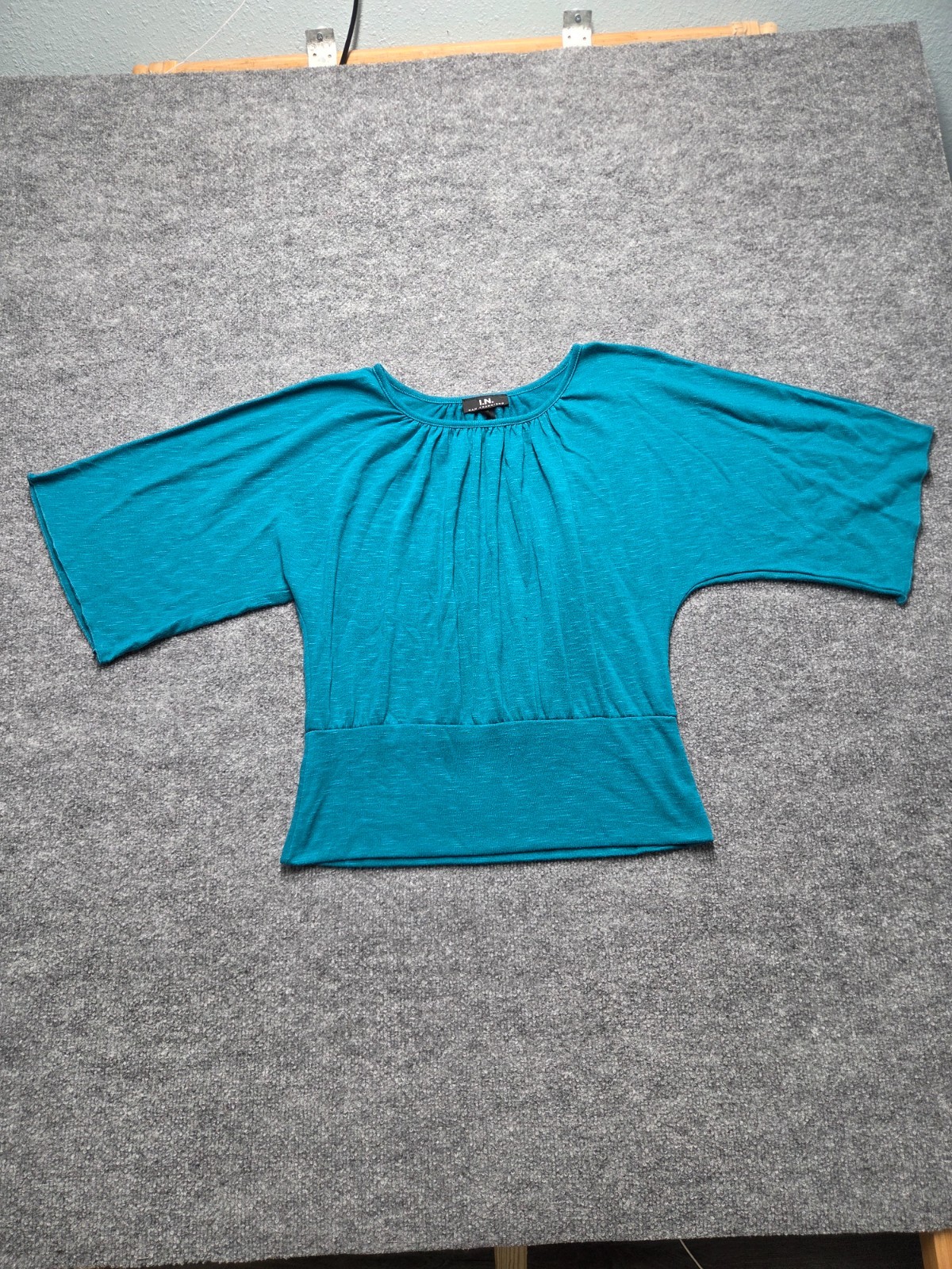I.N. San Francisco Top Women Sz L Teal Batwing Sleeve Pleated Blouse Knit Casual