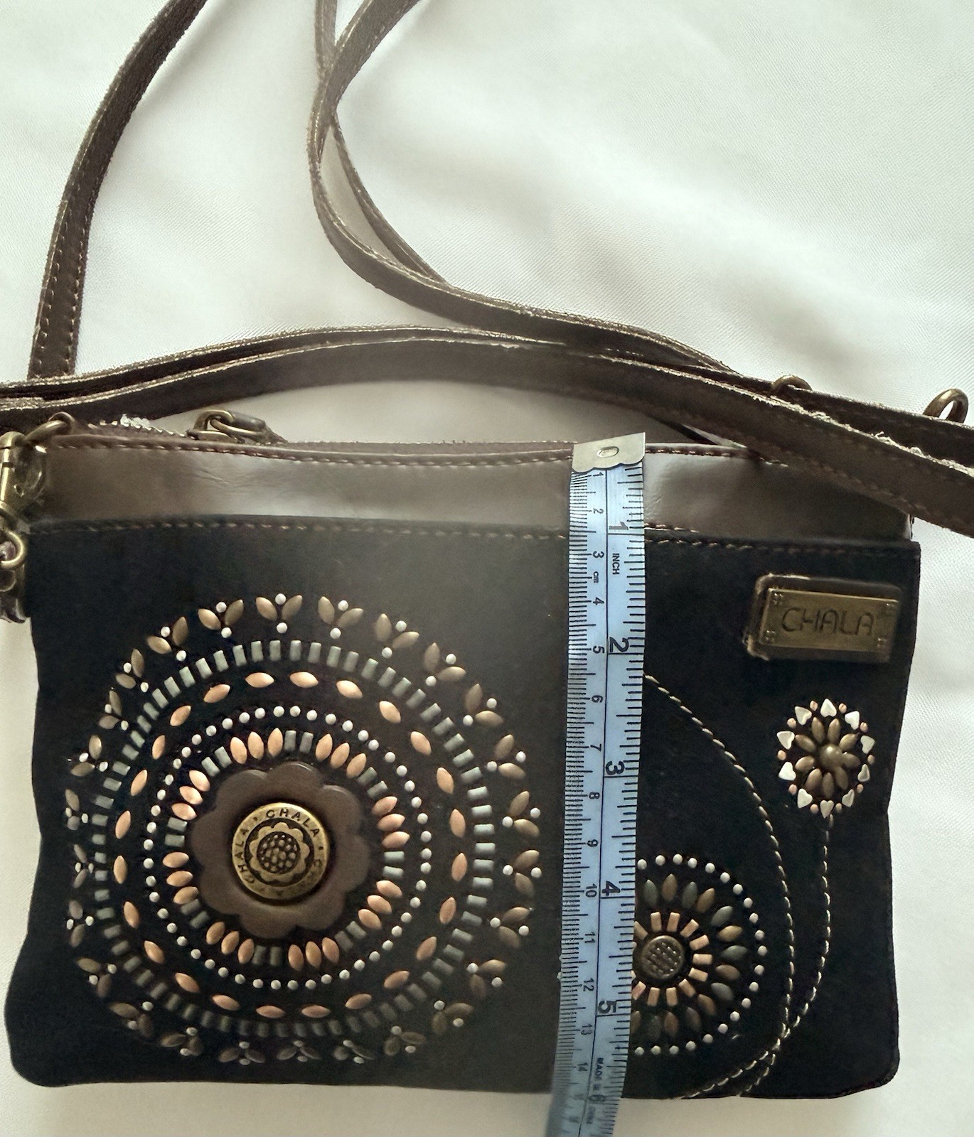 Chala Black & Brown Floral Medallion Crossbody Bag, embroidered
