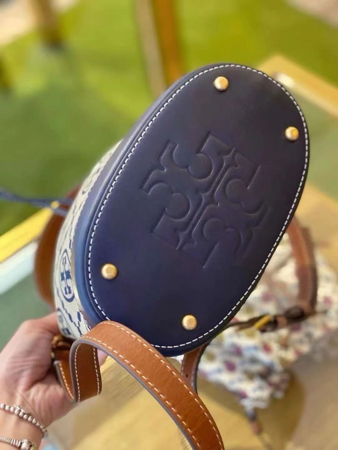 NWT Tory Burch T Monogram Jacquard Bucket Bag – Navy Blue Medium retail for $468