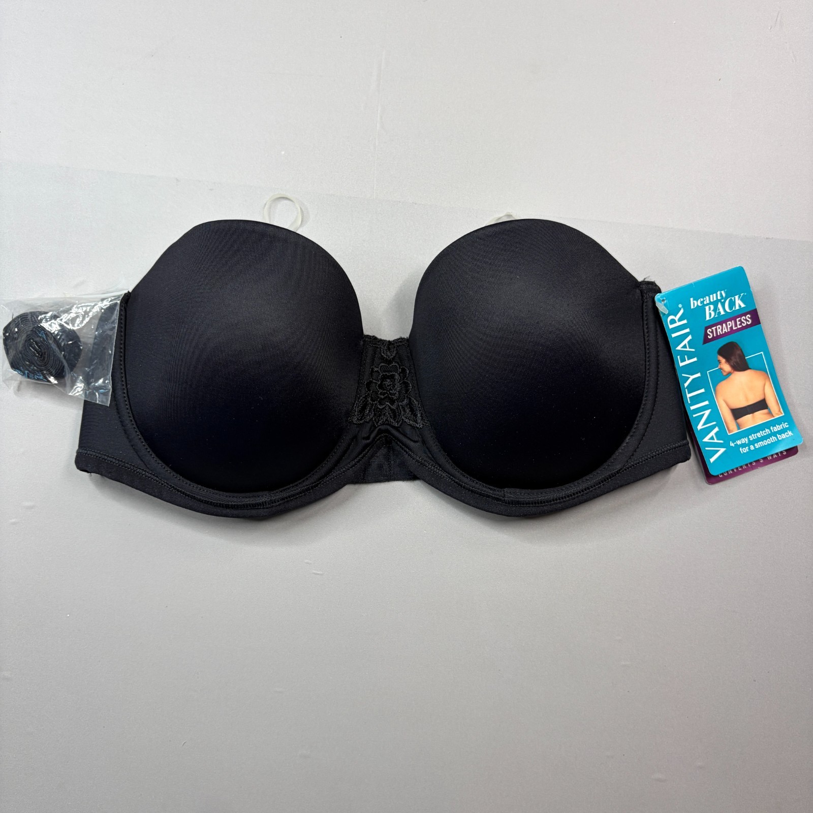 New Vanity Fair Strapless Bra 34C Underwire Black Padded Multiway Straps
