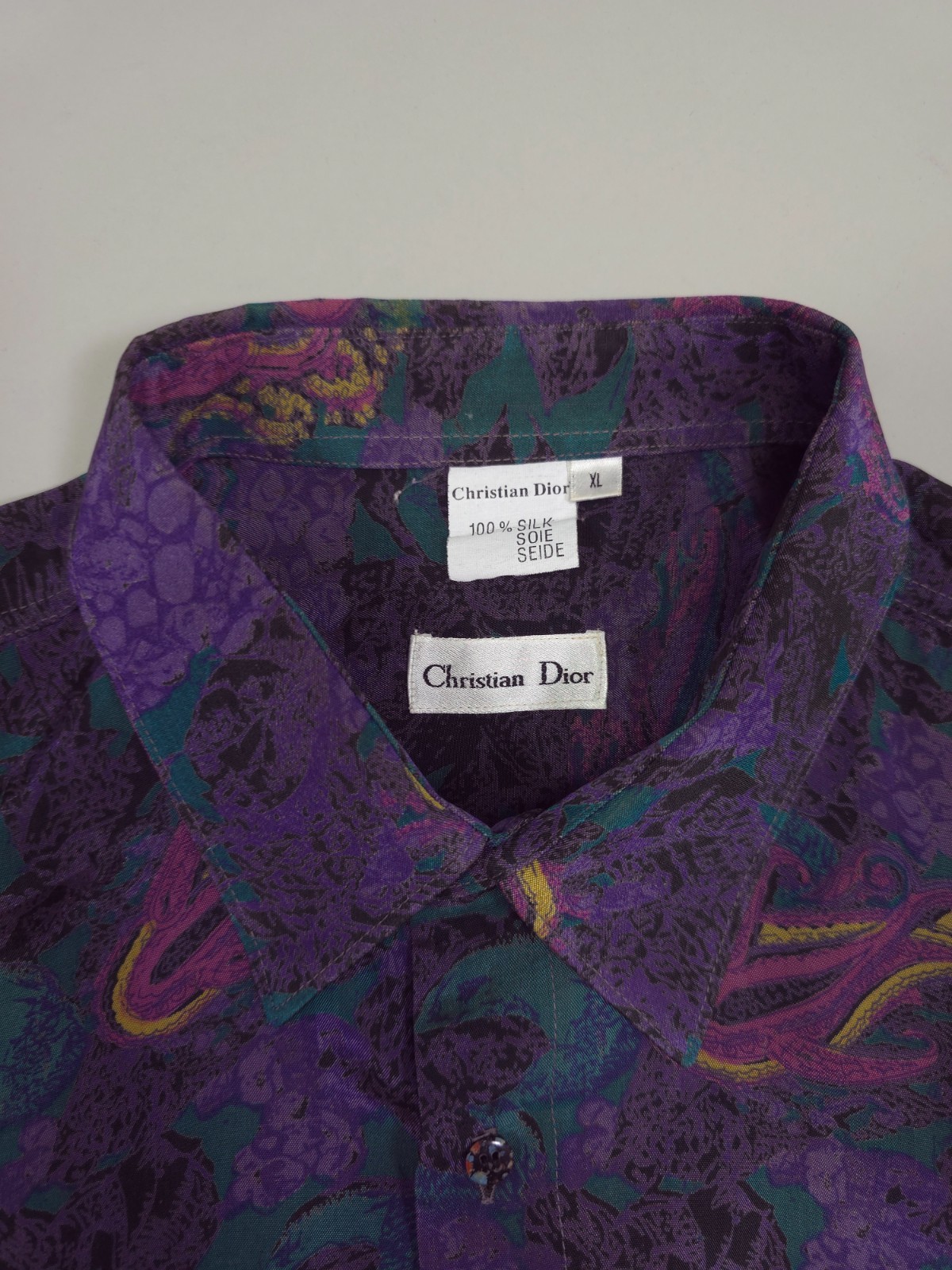 90s Christian Dior Silk Paisley Shirt – Purple/Teal Abstract Pattern Fits L-XXL