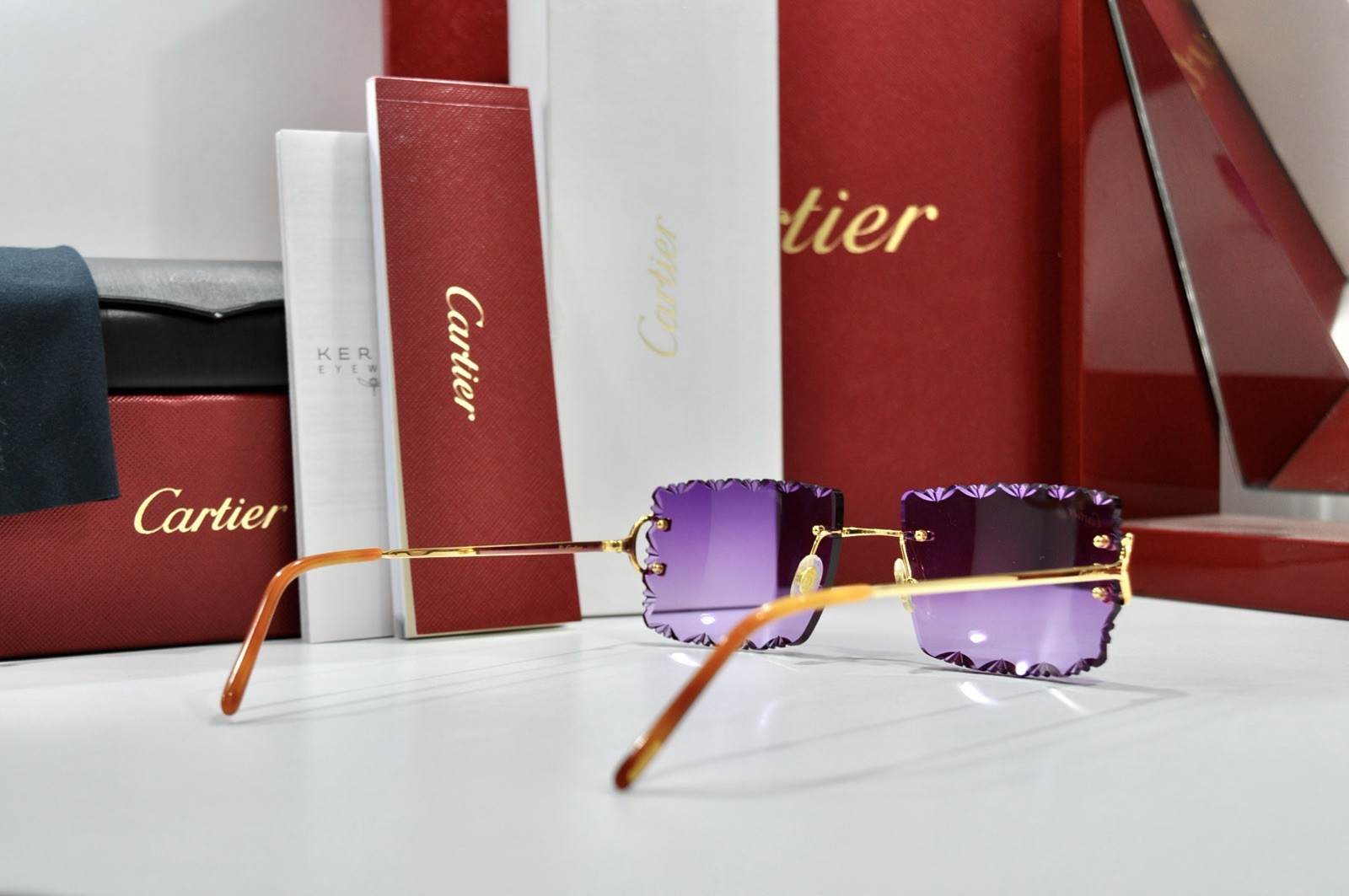 Cartier rimless sunglasses piccadilly glasses Diamond Cut decor BIG C gold Frame