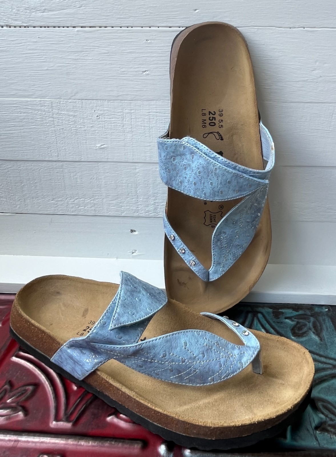 Betula Birkenstock Bombay Leaf Sandal Womens 8 EU 39 Blue Leather Birko Flor