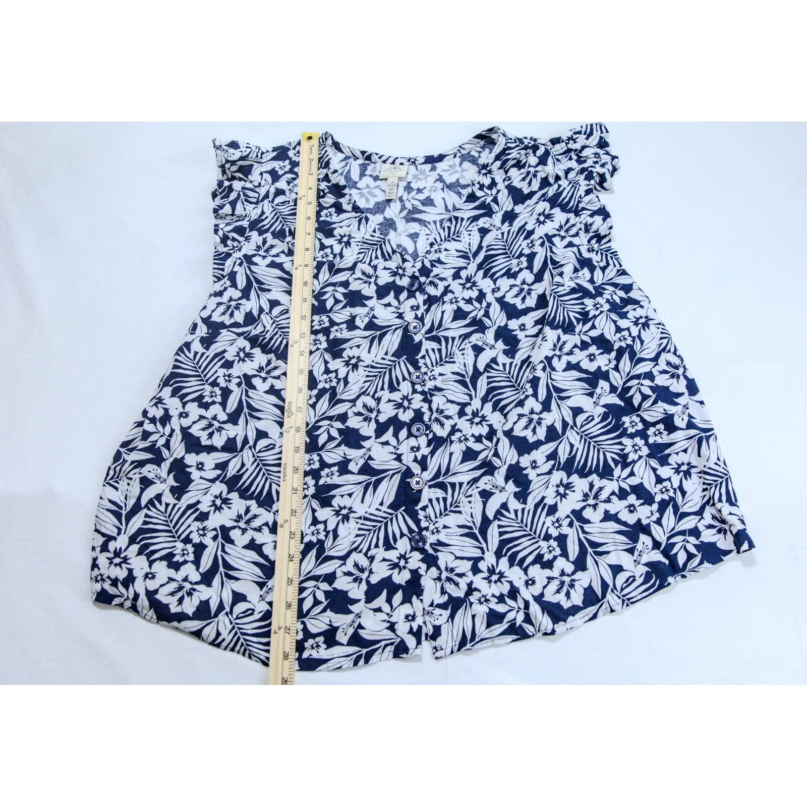 St Johns Bay Navy Blue White Tropical Floral Linen Blend Ruffle Top 3X 70807-3