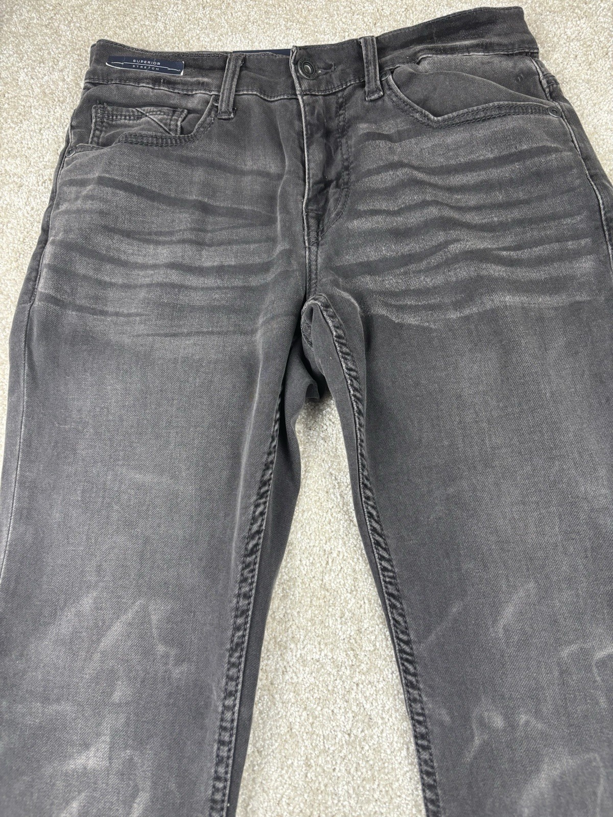 BKE ALEC Straight Leg Denim Jeans Grey Wash Black Leather Back Patch Size 29×32