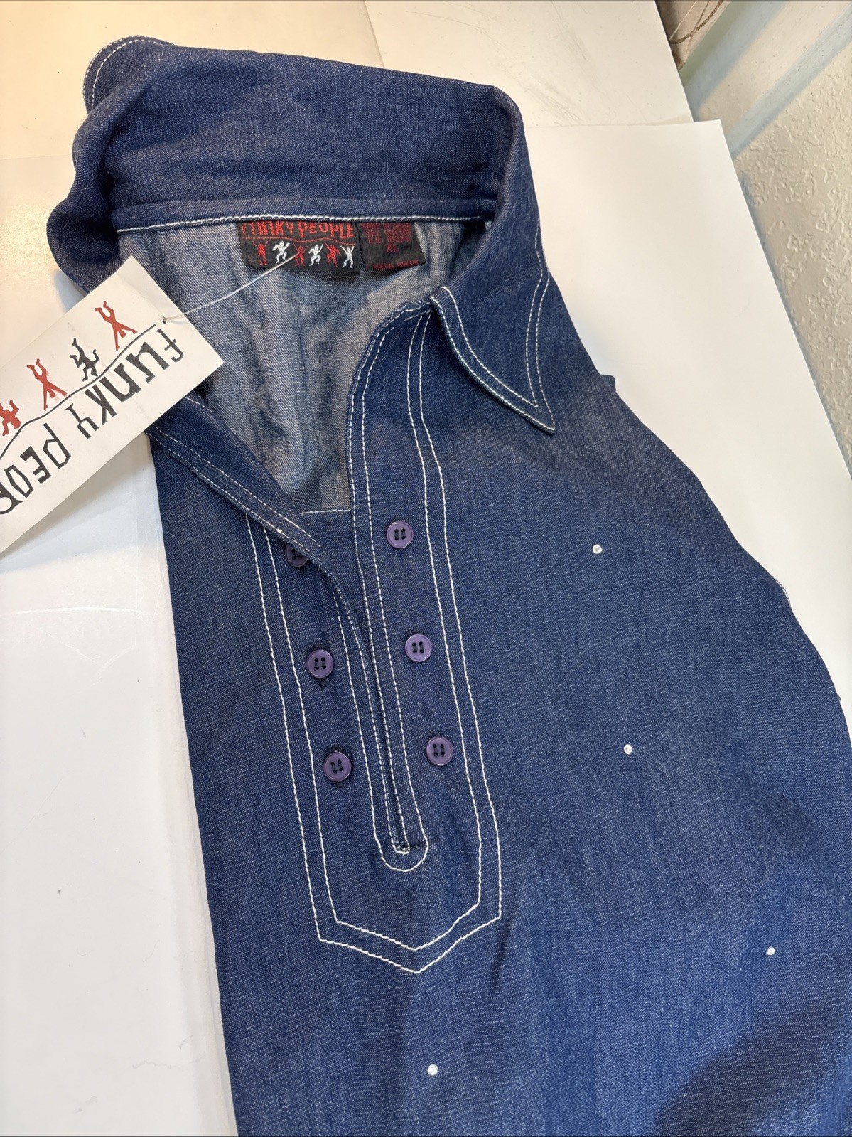Funky People Top Womens Large Blue Denim L/S Rhinestones Pullover V Neck XL NWT