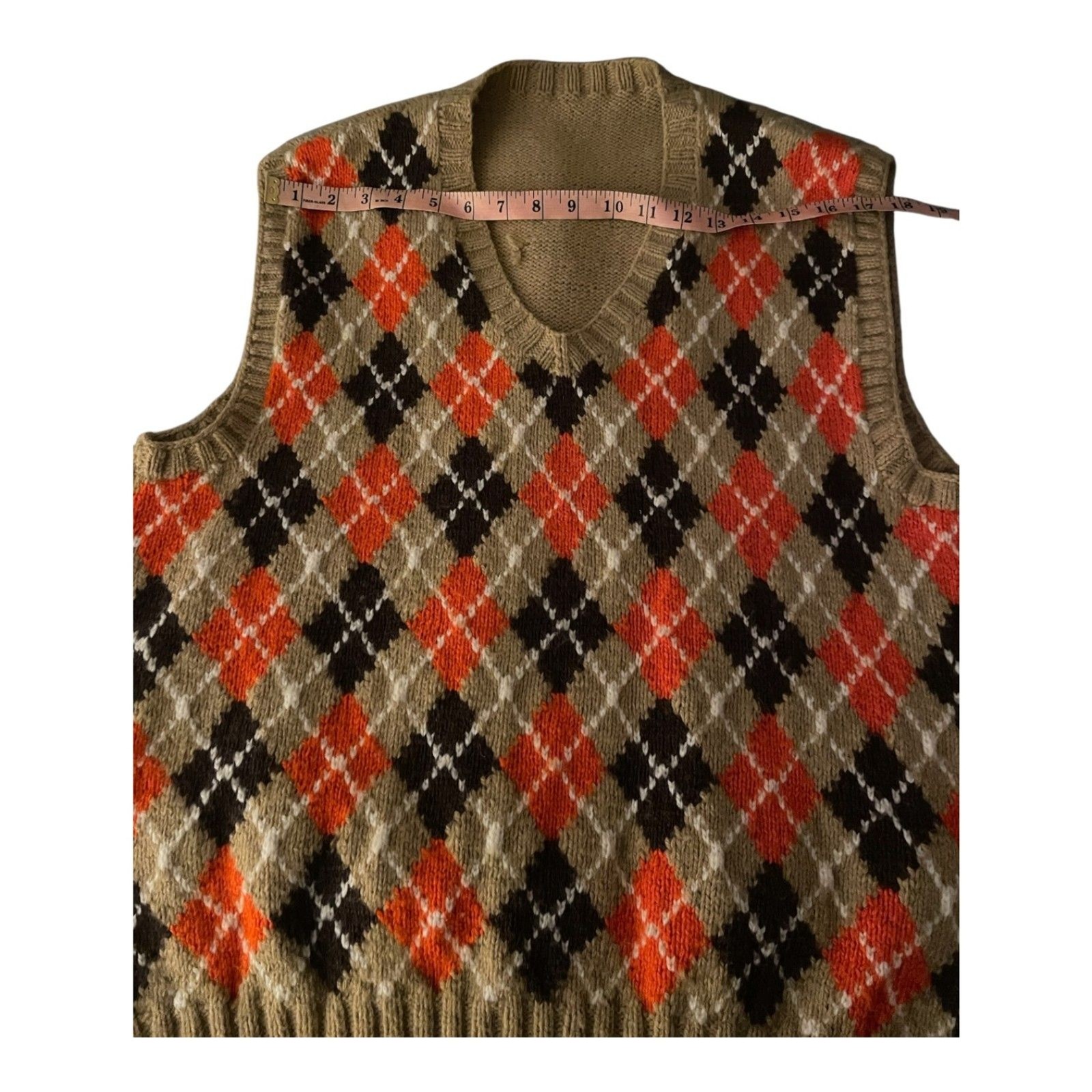 Vintage Handmade Wool Blend Argyle Grandpa Sweater Vest Tan Orange Black L