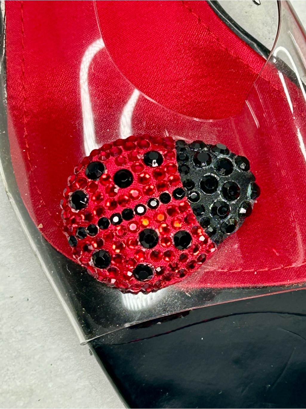 J. Renee Clear Vinyl Slide Sandals Red Black Rhinestone Ladybug New Size 8.5