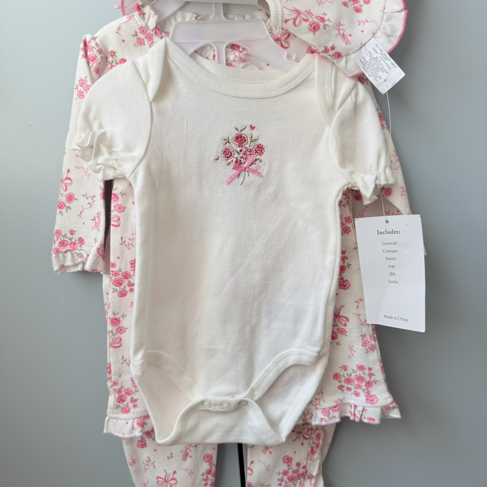 NWT Vitamins Baby Girls Pink Flower Bird 6pc Coverall Pants Bodysuit Bib 0-3M