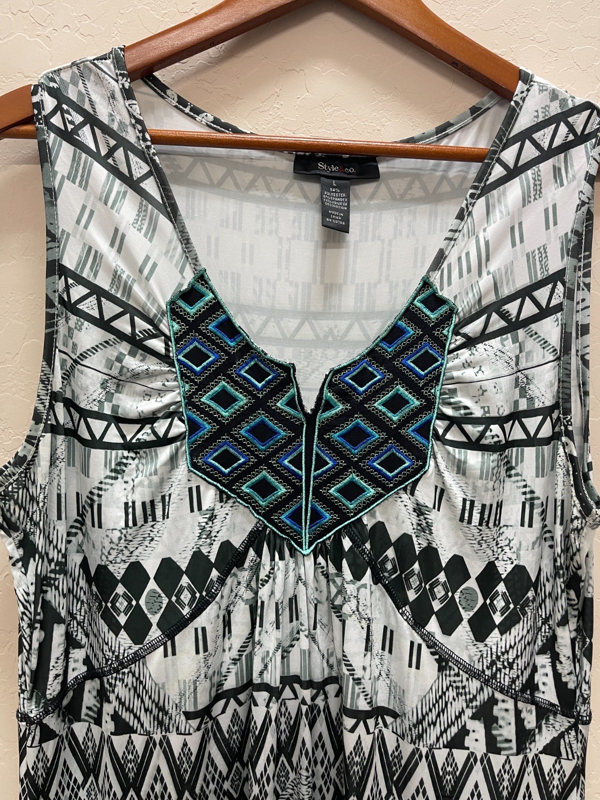 Style & Co Maxi Dress Womens L Black Teal Geometric Boho Sleeveless Stretch