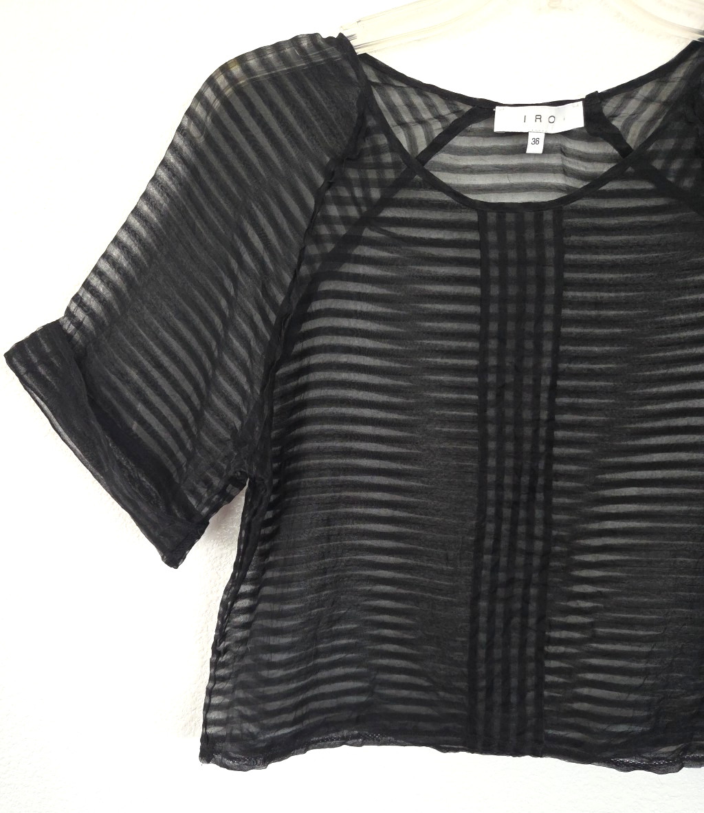 IRO Paris Sheer Black Silk Blend Boxy Top Women’s Striped Textured EU 36 US 4