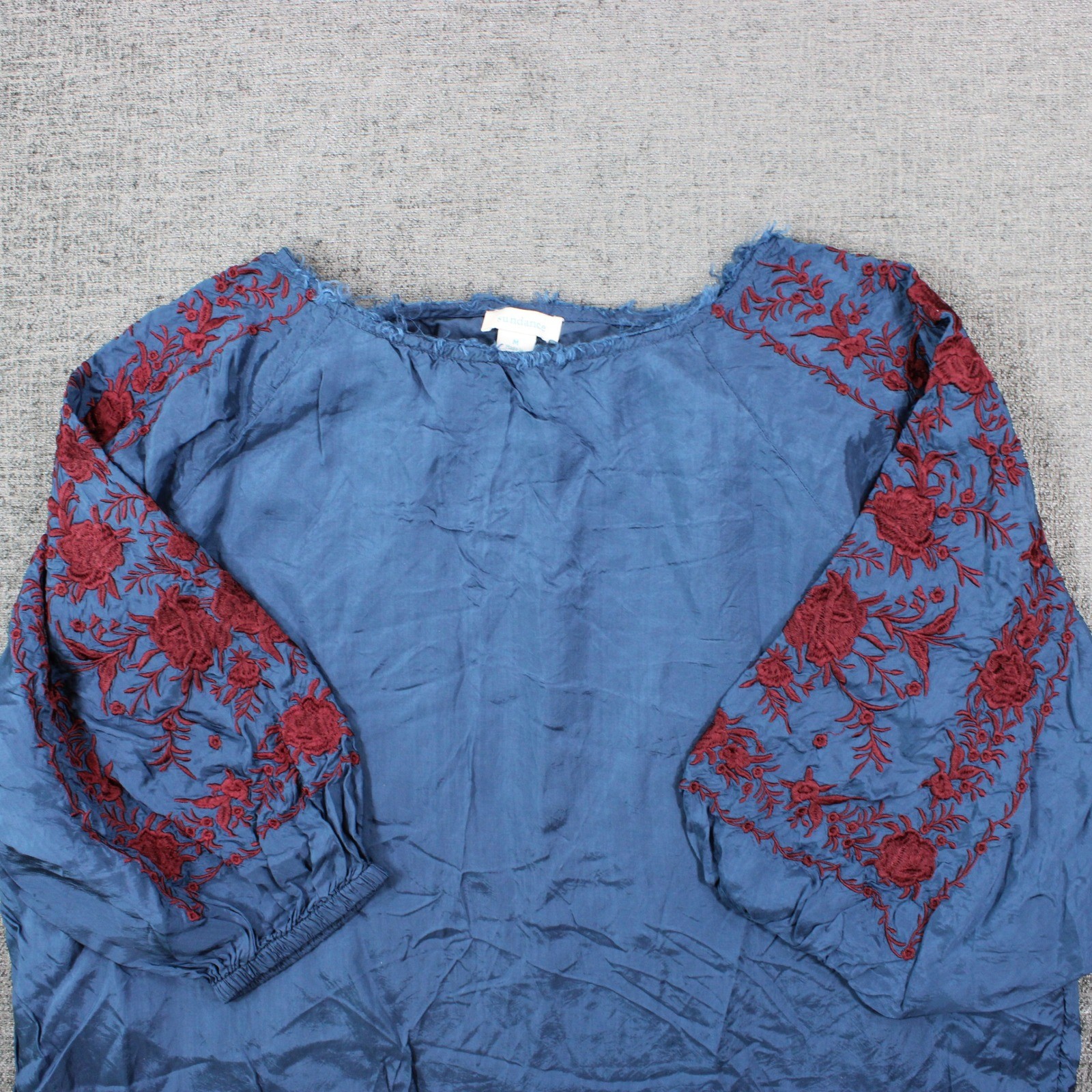 Sundance Blue Embroidered Floral Boho Blouse Top Women Medium Raglan Sleeve