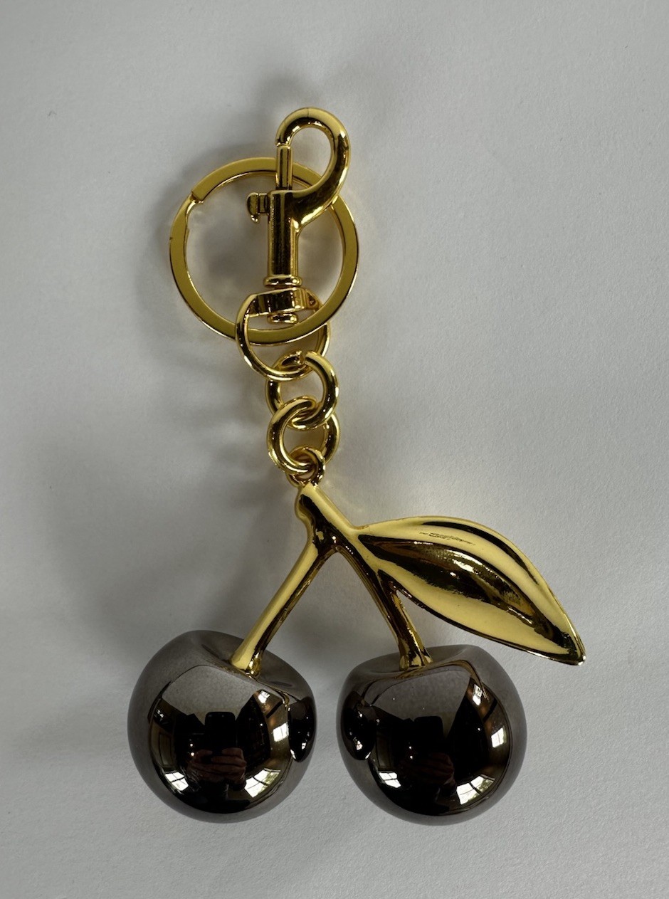 Mirrored Gunmetal Gray Cherry Bag Charm | GOLD Keychain+Premium Velvet Dust Bag