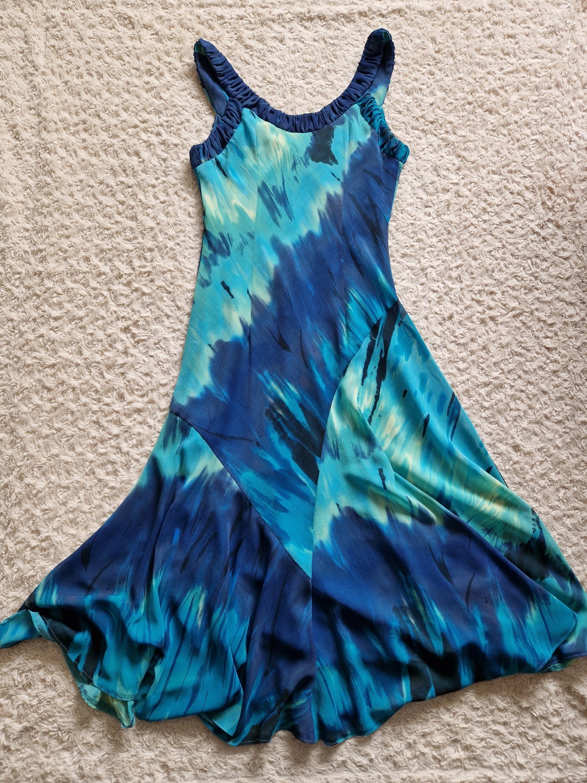 Per Una Blue Aqua Watercolour Midi Dress UK 12 Floaty Fit & Flare Occasion