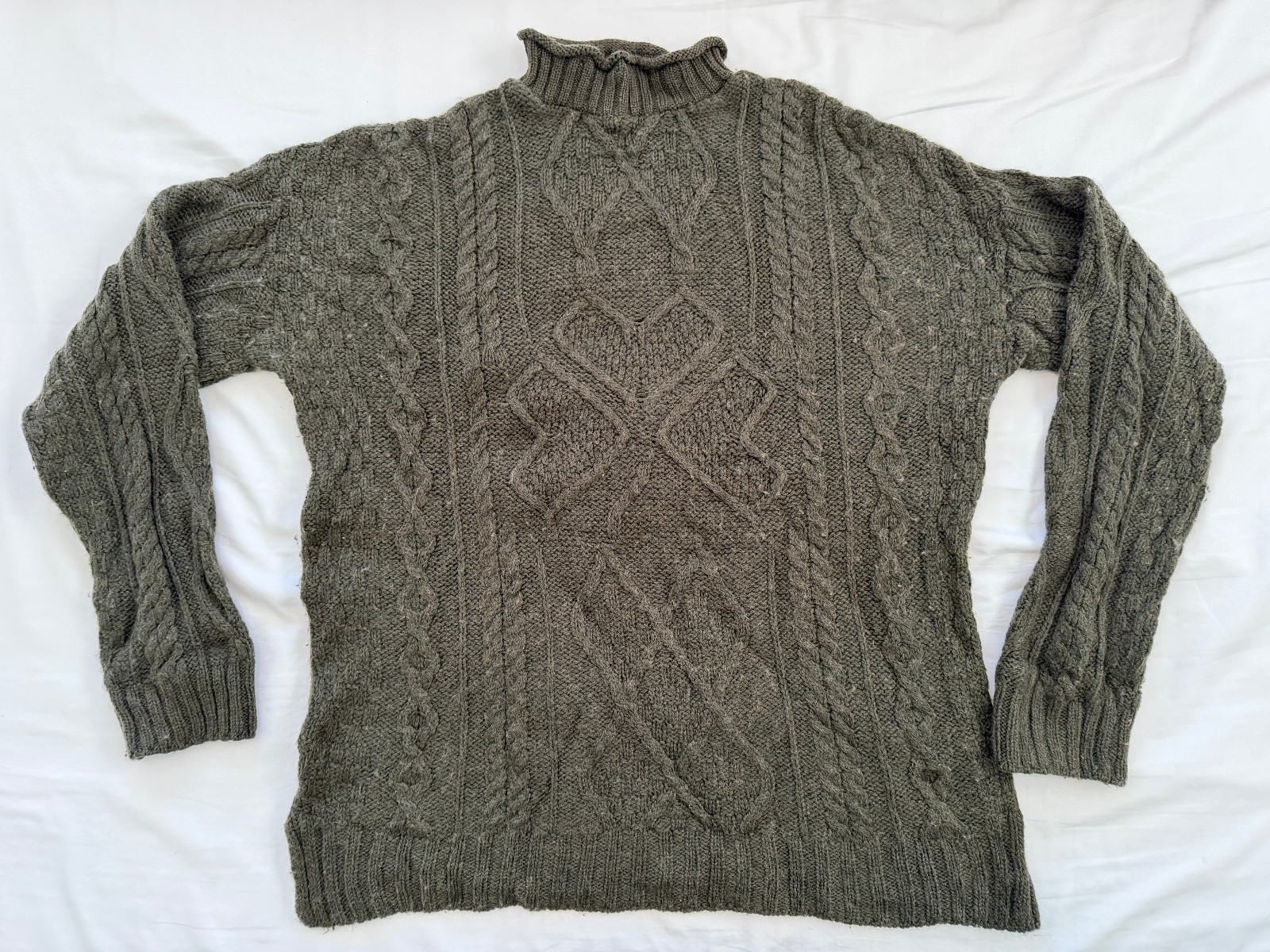 Aran Crafts Merino Wool Roll Neck Aran Sweater in Green, XXL / 2XL