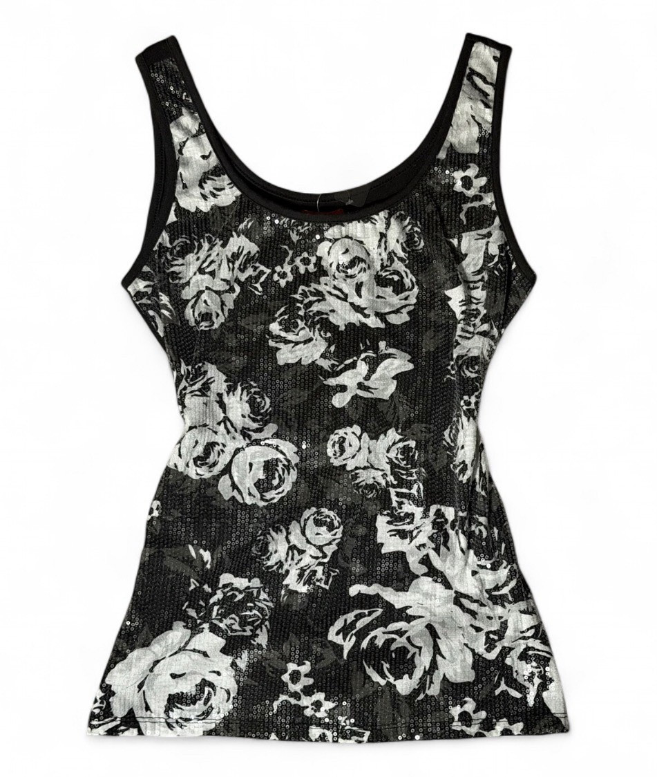 Vintage Bongo Y2K Black and Silver Floral Sequin Tank Top