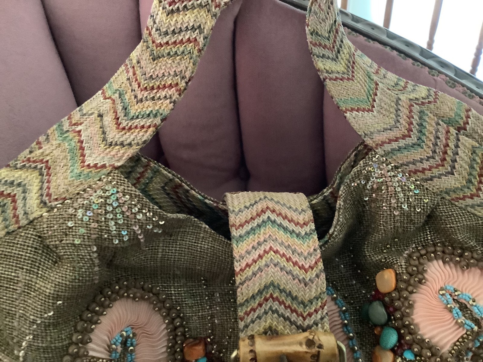 Mary Frances handbag. Unique with stones, beads and large buckle snap closure.