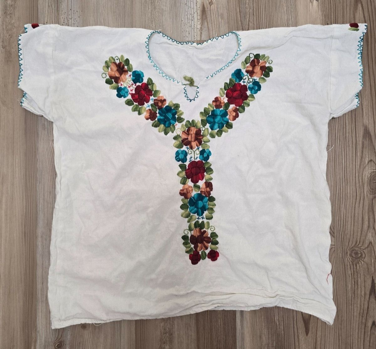 Embroidered Mexican Style Tunic Dress White Floral Boho Handmade Peasant Top M