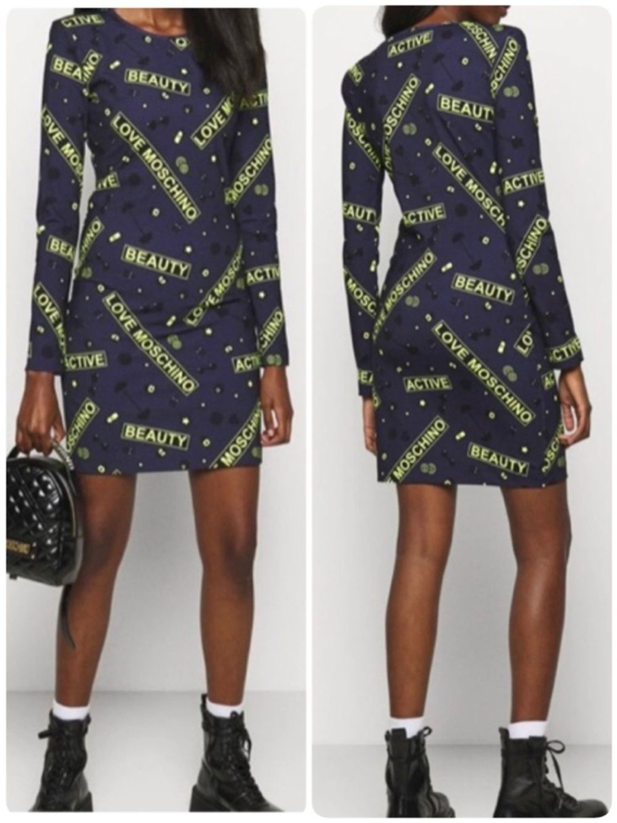 NWT New Love Moschino Gym Print Navy Mini Shift Dress Neon Yellow Logo Print 10