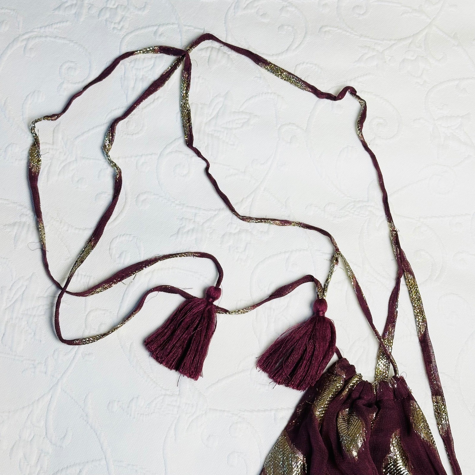 Altar’d State Vanessa Purple & Gold Metallic Leaf Maxi Dress V-Neck Tassel Tie L
