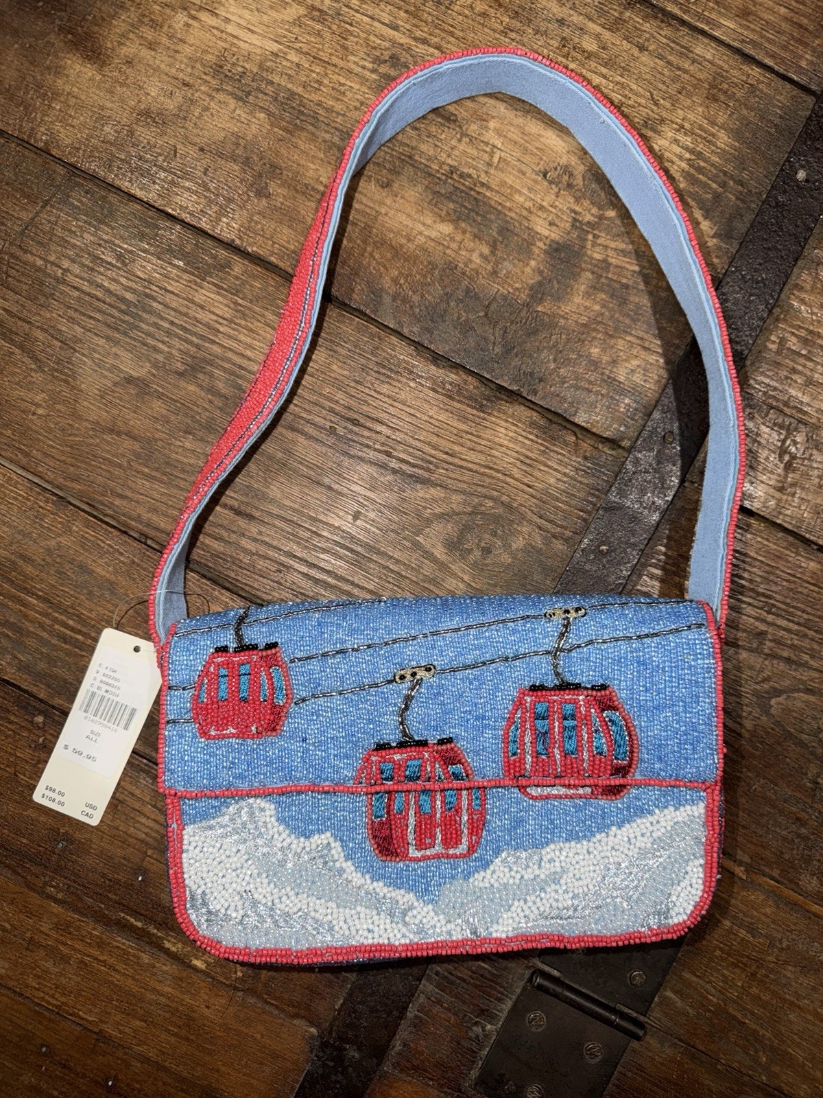 Anthropologie Fiona Beaded Bag Winter Icon Gondola Ski Lift Handbag Blue NWT