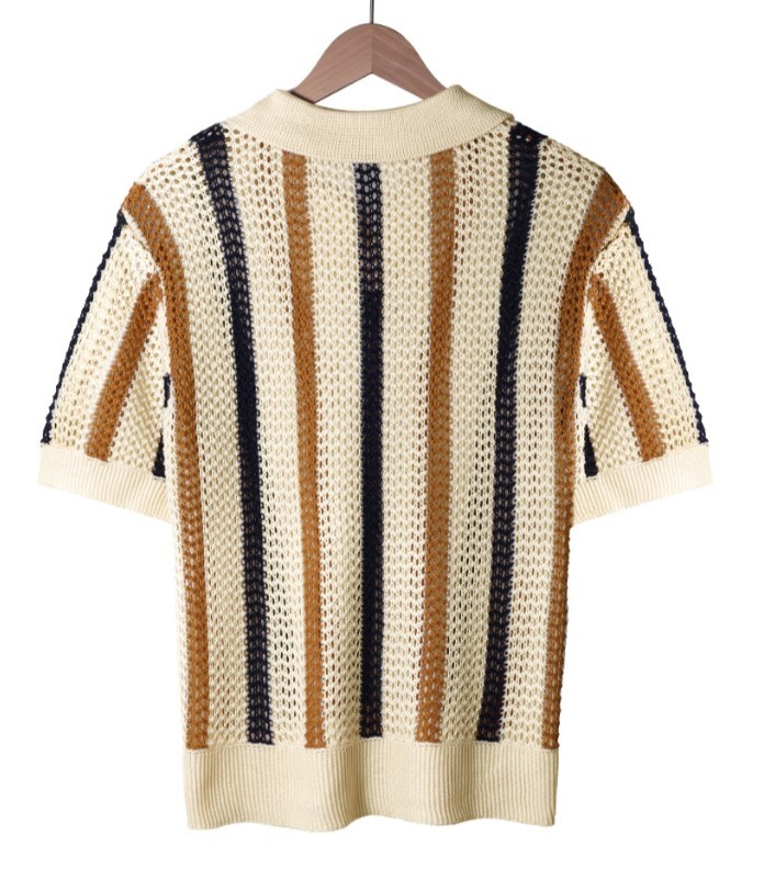 Men’s V-Neck Collared Knit T-Shirt Hollow Out Striped Short Sleeve Tee