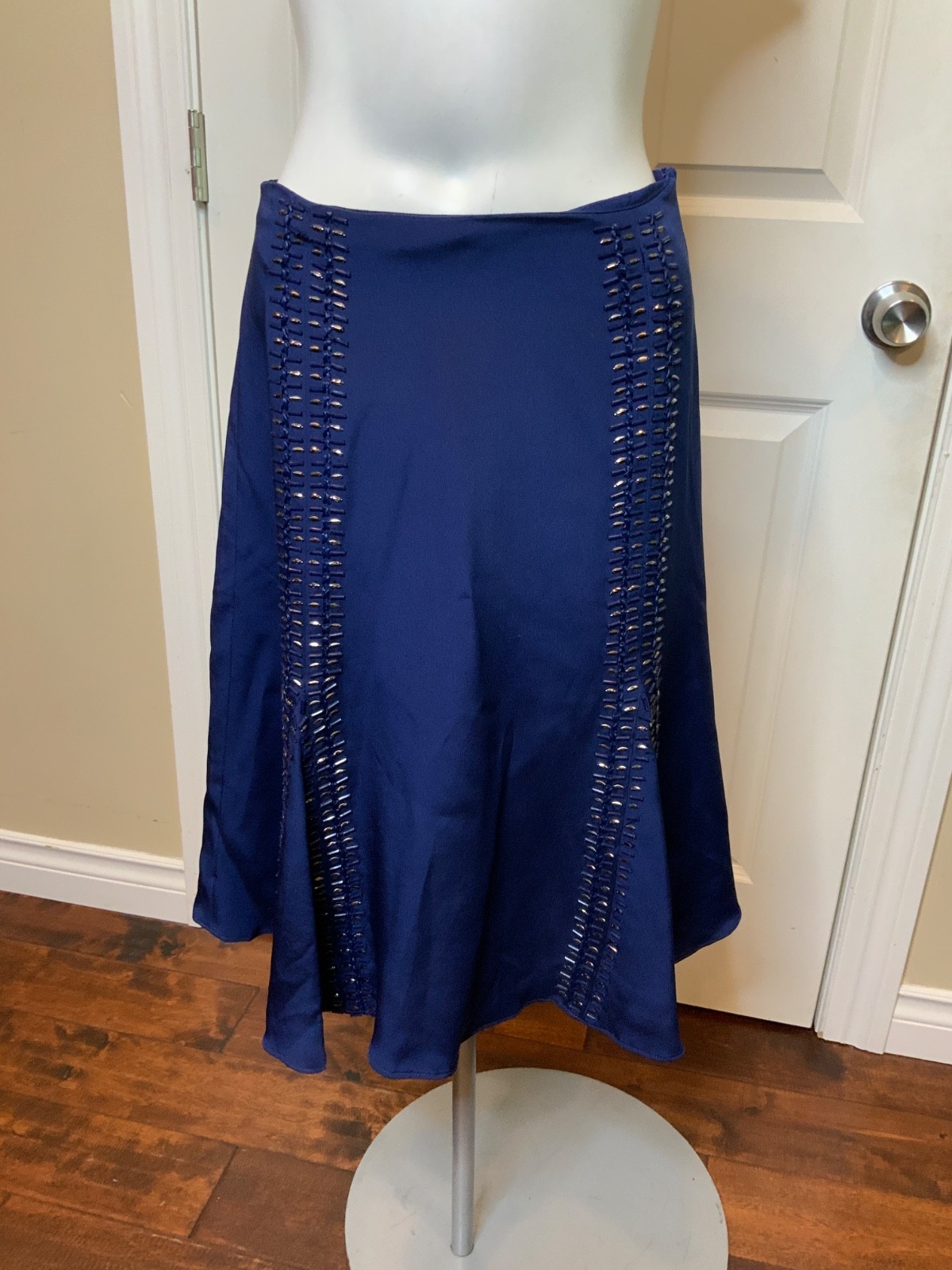 Charles Youssef Navy Blue Satin Silk Beaded Trumpet Skirt NWT $695, Size 6