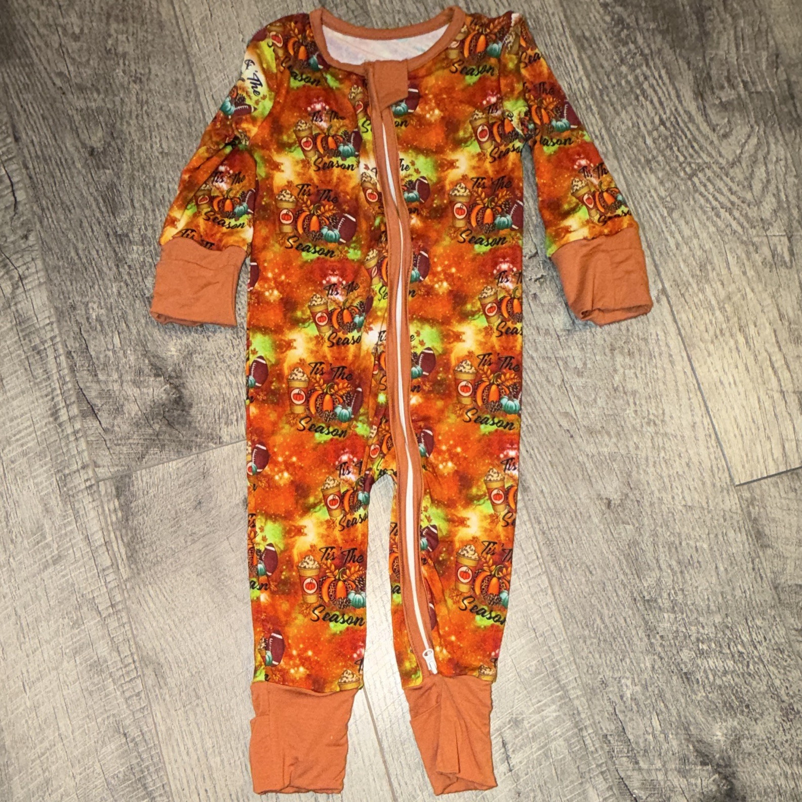 Bamboo Thanksgiving Football 12-18M One Piece Zip Sleeper Orange