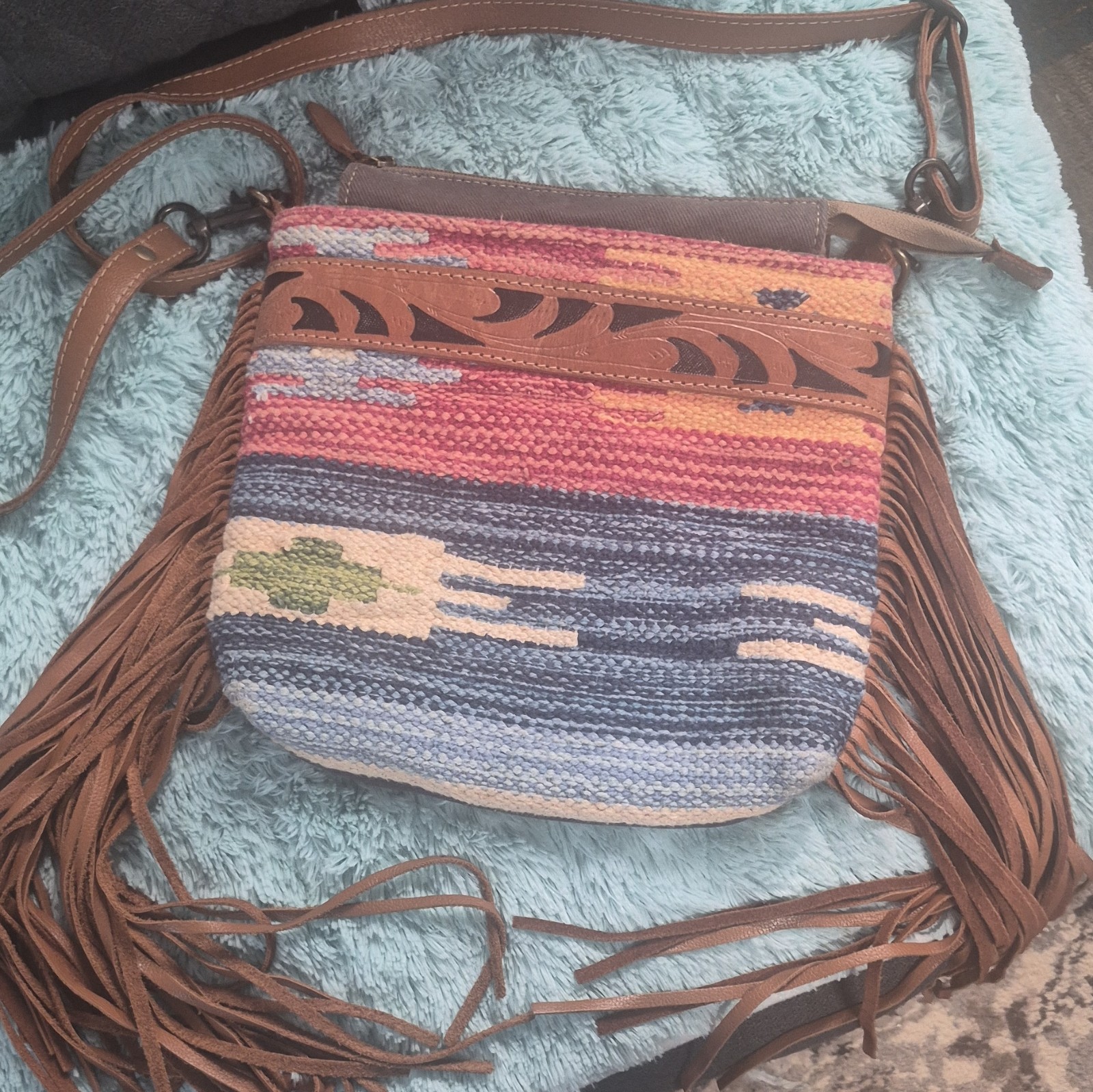 Myra Bag Boho Fringe Striped Zip Crossbody, Medium Multicolor, Pockets