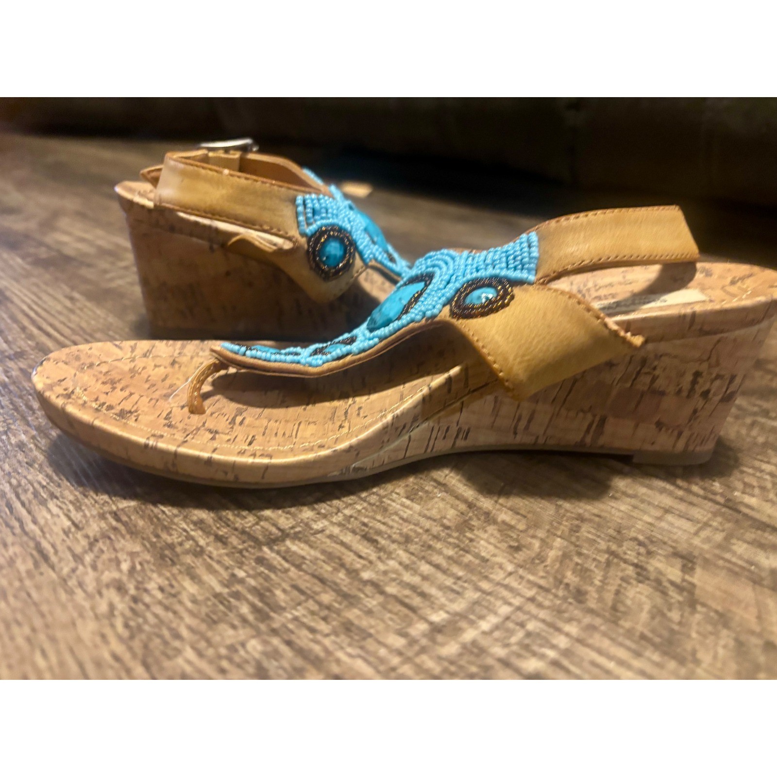 Simply Vera Vera Wang Turquoise Beaded Cork Wedge Sandals Womens Boho Thong Heel
