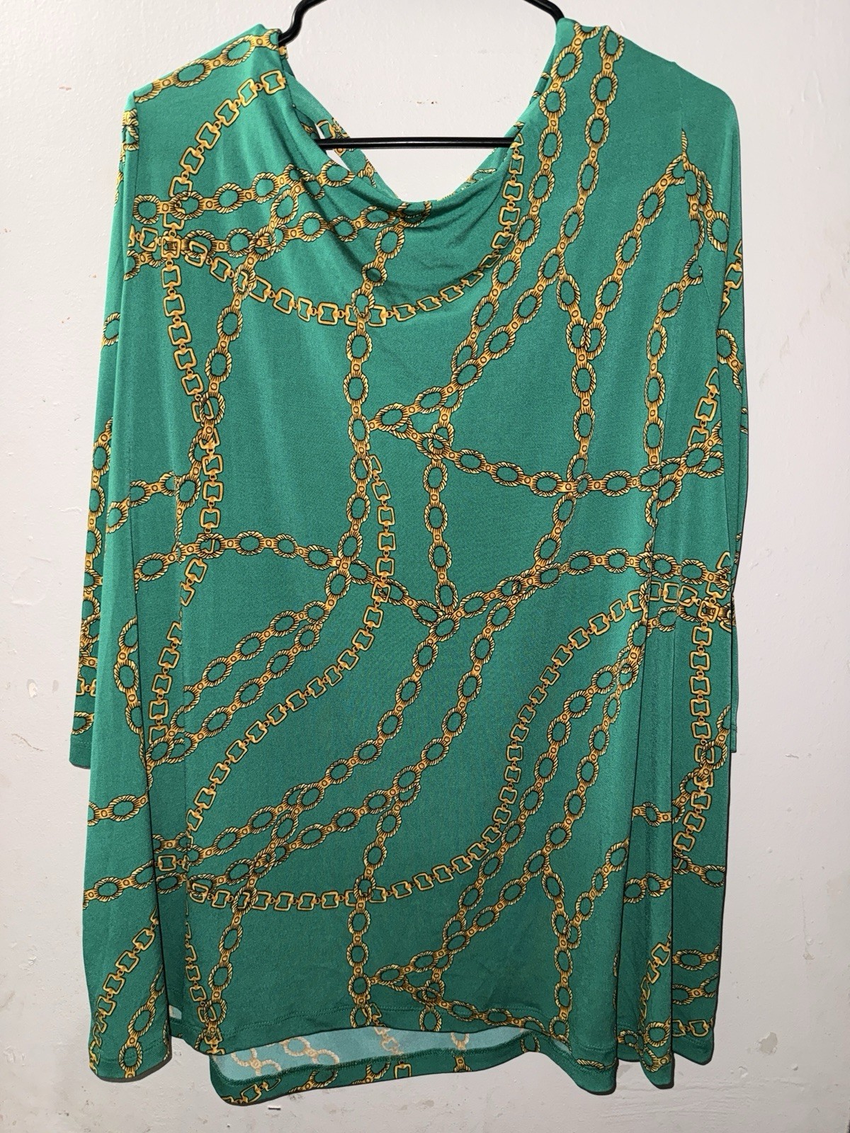 Susan Graver Green Blouse W/Gold Chain Print Cowl Neck 3X NWOT