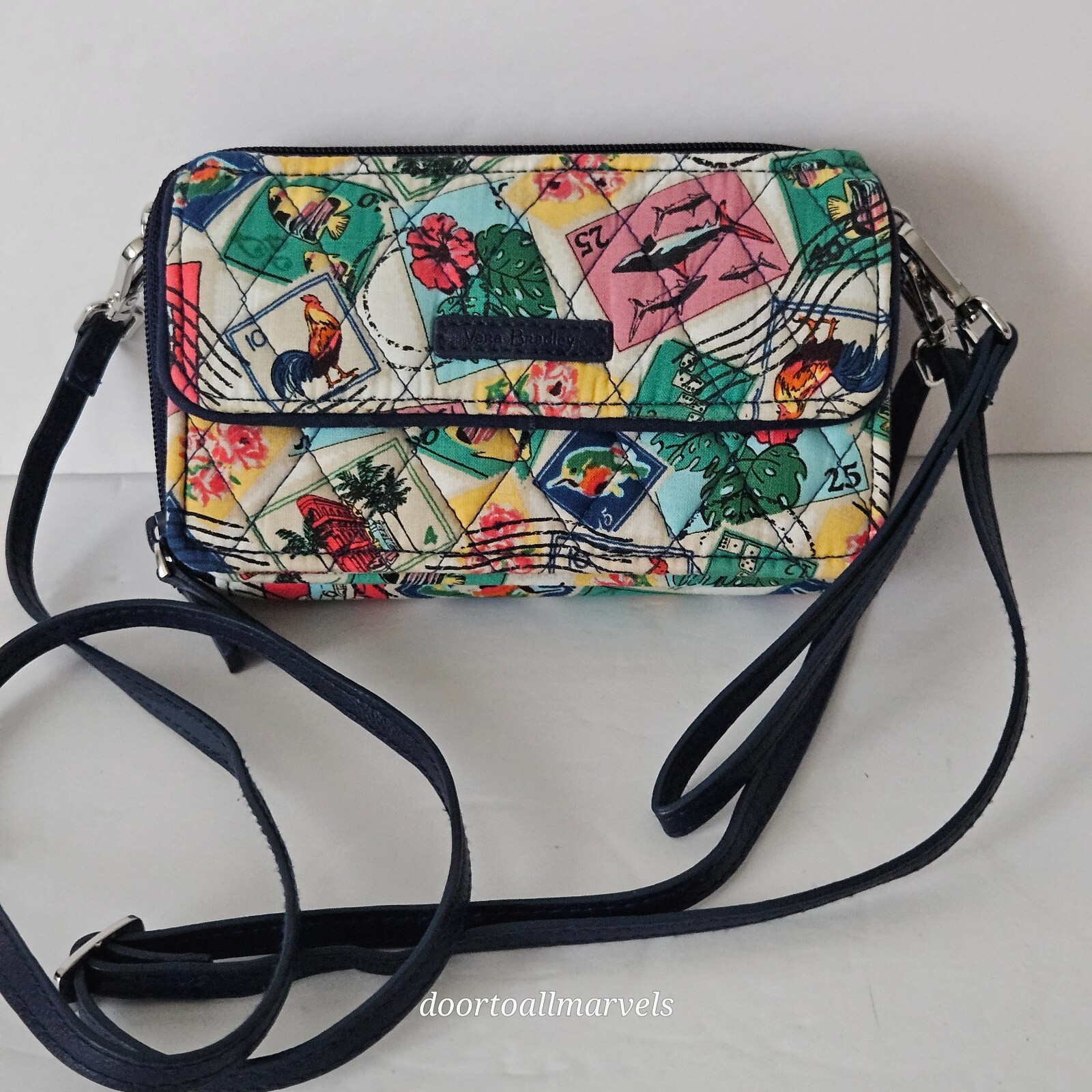 Vera Bradley Cuban Stamps Wallet Organizer Crossbody Double Zip Mini Bag 6.75″