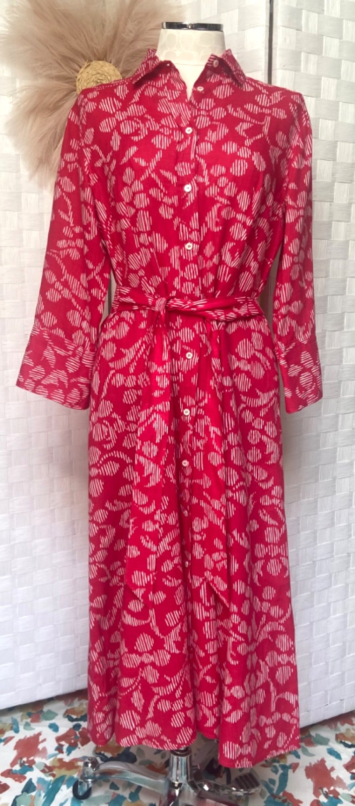 ROSSO 35 Magenta Floral Print Flax Linen Midi Maxi Button Belt Shirt Dress 48 L