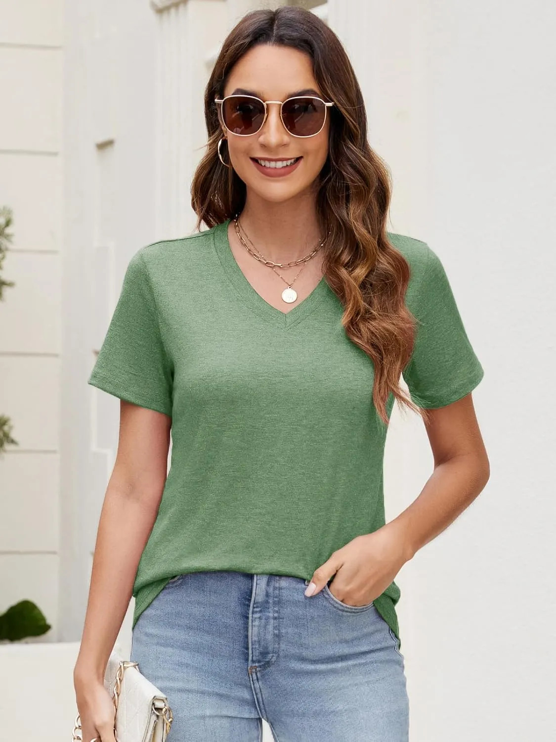 Womens V Neck Short Sleeve Basic T Shirt Loose Fit Casual Summer Tee Top S-XXL